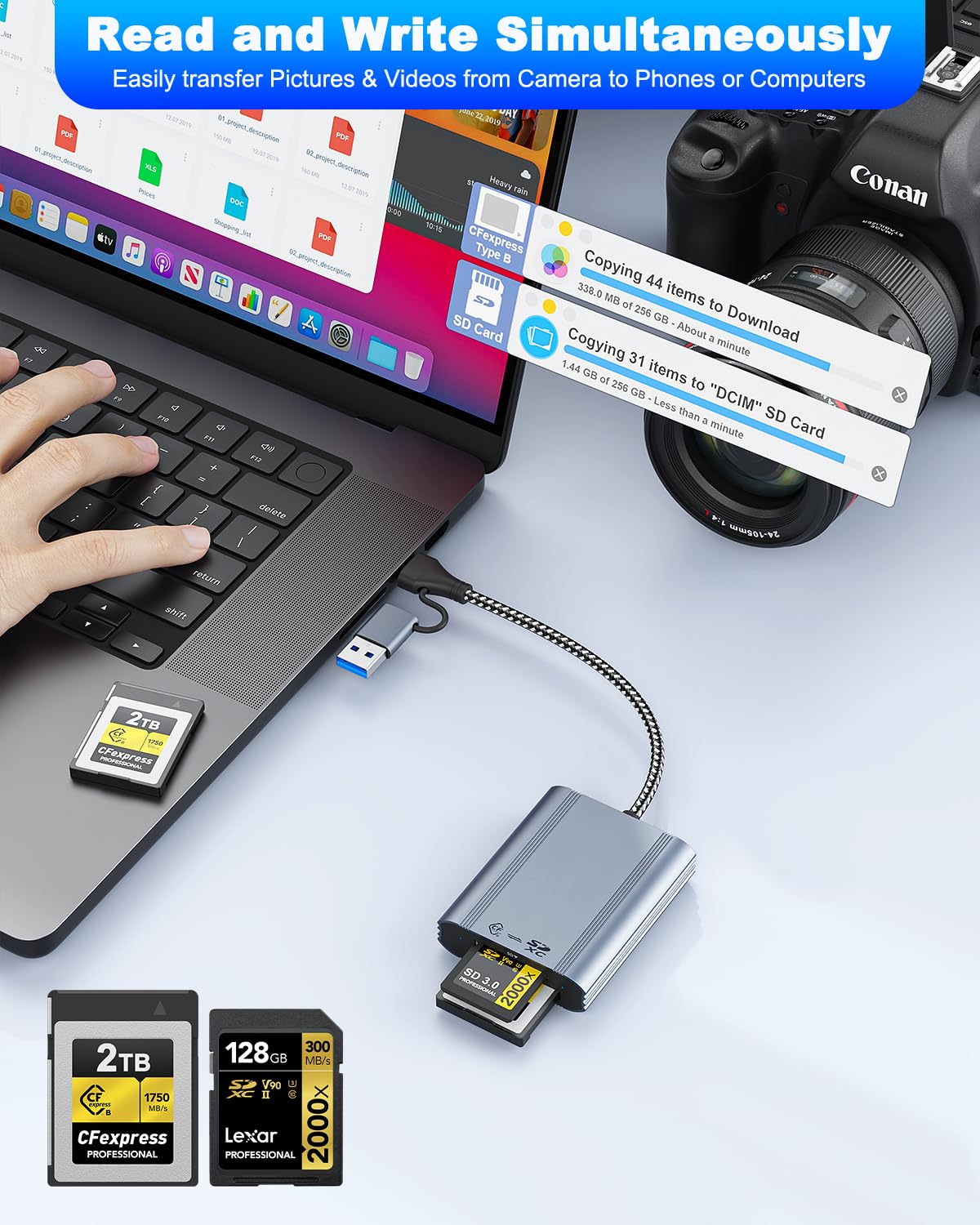 Lettore di schede CFexpress Type B & SD con USB 3.2 Gen 2 10Gbps, USB-C/USB-A 2-in-1,CF express reader compatibile con Windows/Mac/Linux/Android, per iPhone17/16/15, PC, tablet, smartphone