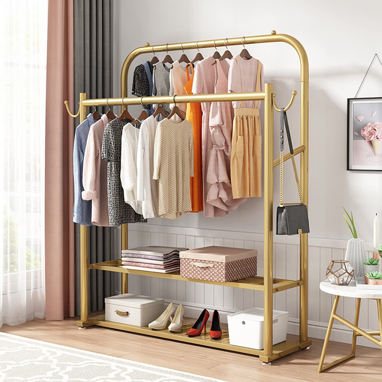 Kleiderständer Doppelschienen Kleiderständer Kleiderständer aus Metall mit 2-stöckigen Regalen Hochleistungs-Kleider-Organisator-Rack für Schlafzimmer-Kleiderständer zum Aufhängen von Kleidung, Gold