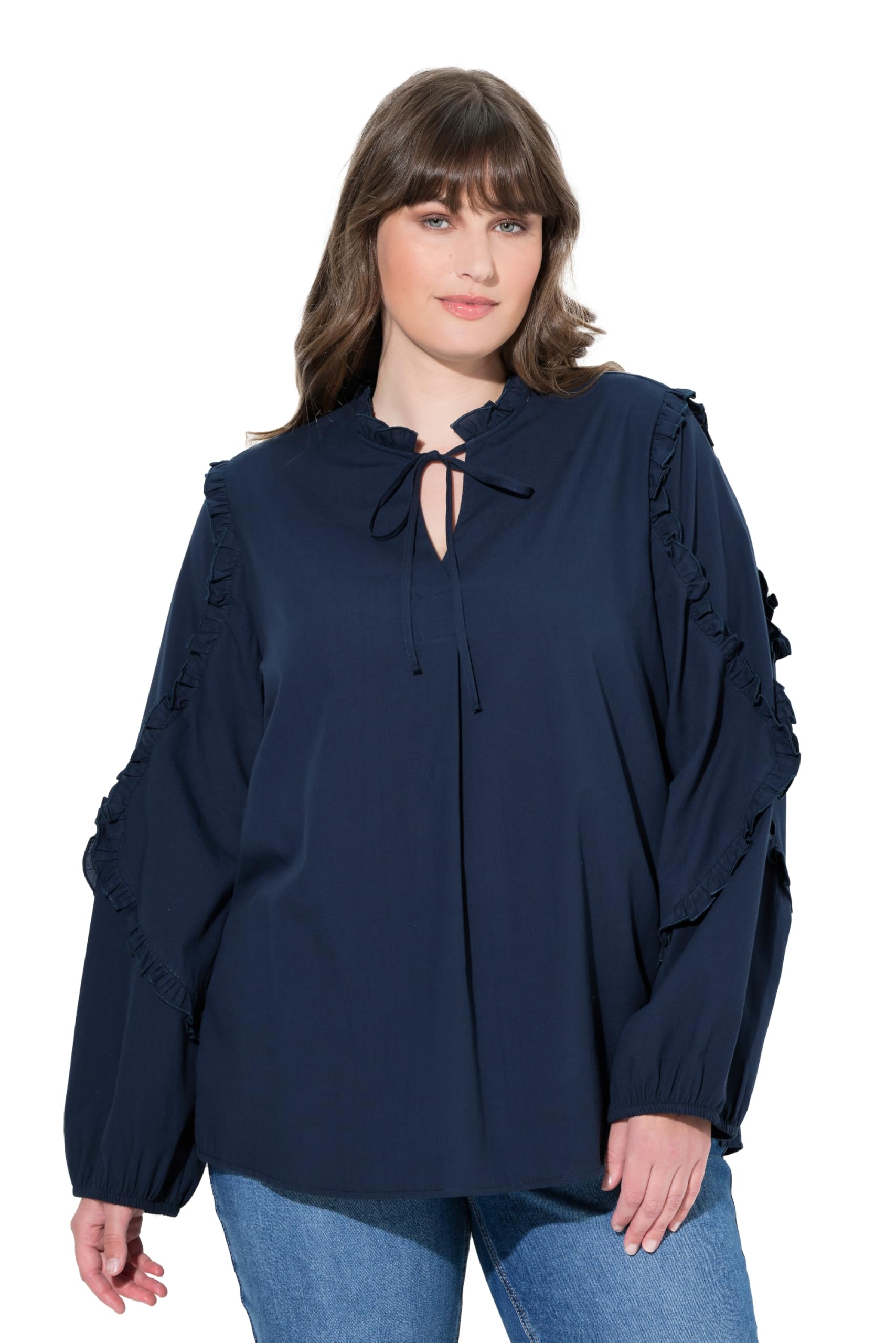 Ulla Popken Damen große Größen Übergrößen Plus Size Tunika, Rüschen, Stehkragen, Langarm, Biobaumwolle 843844
