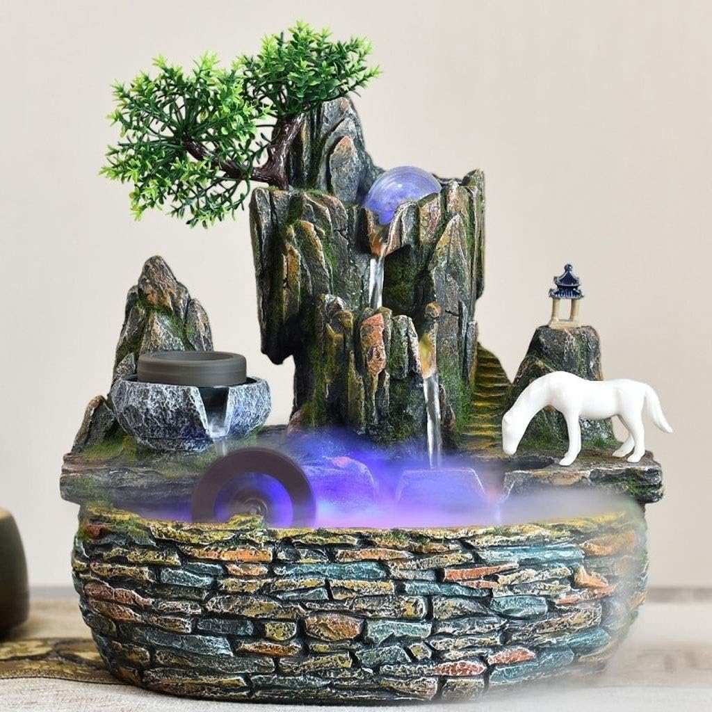 最安値挑戦 室内噴水 デスクトップの噴水 卓上噴水 クリエイティブデスクトップファウンテンレジンウォーターフォールファウンテンカラーチェンジリングライティング瞑想ホワイトホースホームデコレーション 噴水 ファウンテン Size A Small Loredigital Com