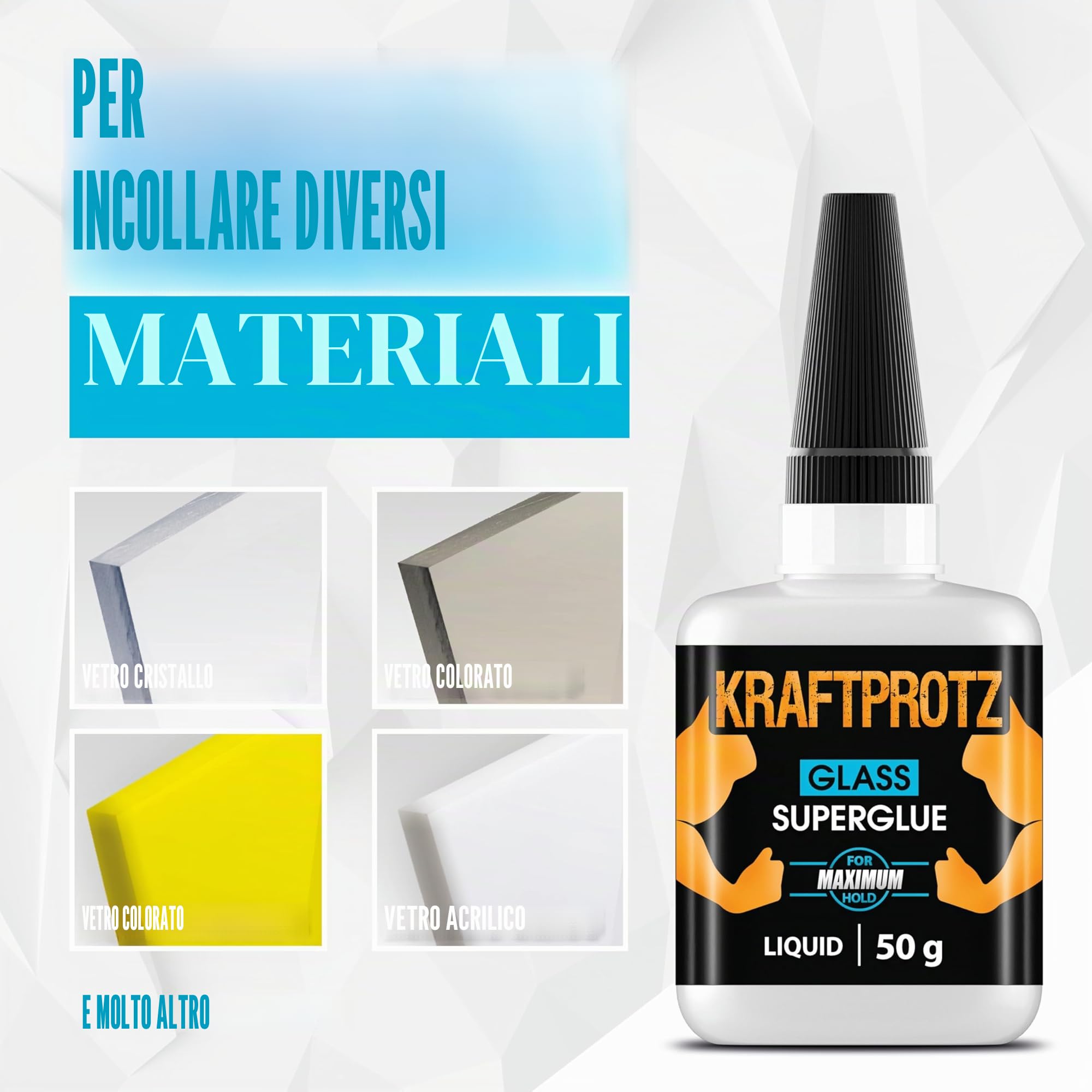 ARKA - KRAFTPROTZ VETRO 50 g - Colla istantanea extra forte - trasparente per vetro - super liquida - Resistente all'acqua - Facile da usare e tenuta sicura.
