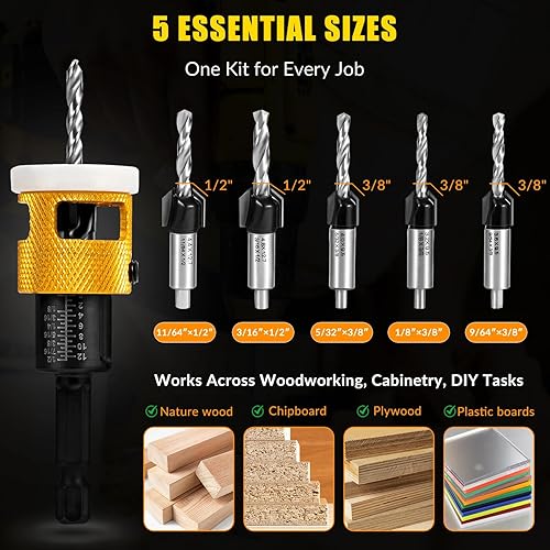 Miniatura 2 de Juego de 5 brocas avellanadoras para taladro, tope de profundidad de fricción baja, taladro de 18 964 pulgadas 532 pulgadas + orificio contador de