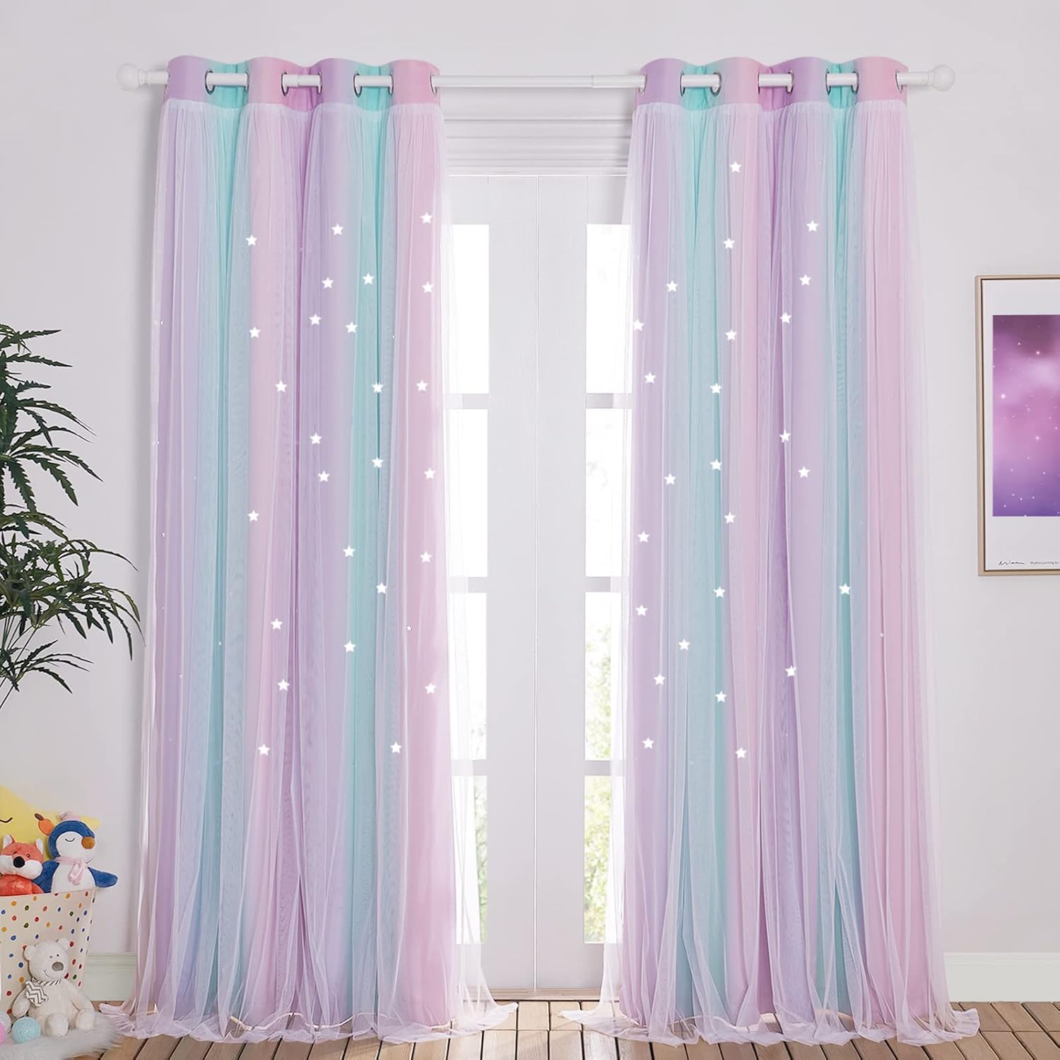 NICETOWN Baby Room Decor, White Gauze & Blackout Drapes Assembled, Star Cut Romantic and Colorful Curtains with Versatile Styling Options for Birthday Party (Blue & Purple & Pink, Each is W52 x L84) 52"W x 84"L (Pack of 2) Blue & Purple & Pink