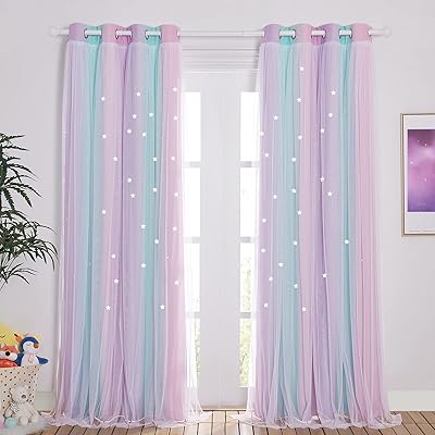 NICETOWN Baby Room Decor, White Gauze & Blackout Drapes Assembled, Star Cut Romantic and Colorful Bedroom Curtains for Girls Birthday Party (Blue & Purple & Pink, Each is W52 x L84)