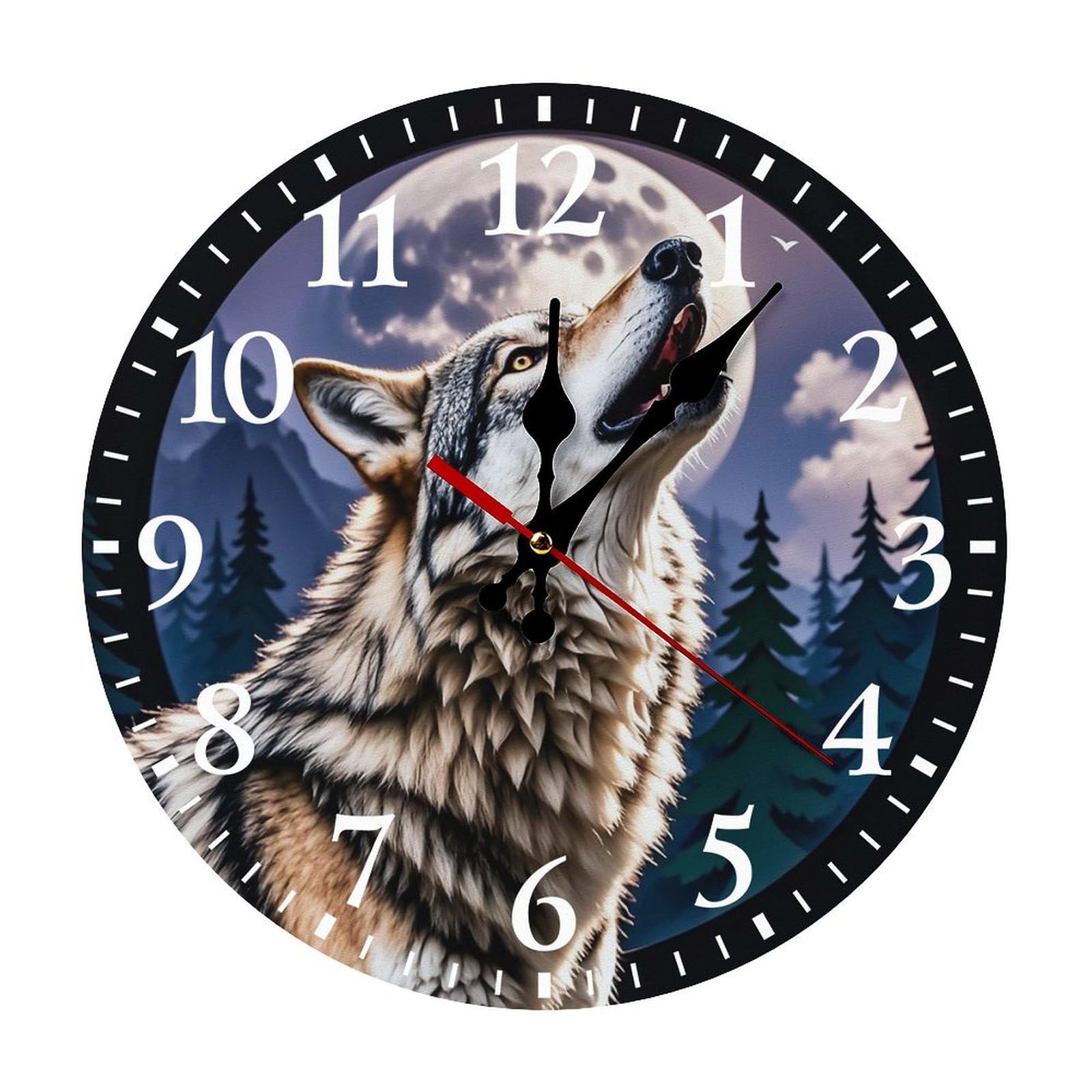 QMNLKH Wolves Wall Clock for Home, Battery Operated Clock for Hotel, Round Wall Clock with Arabic Numerals White, Easy to Read, Non-Ticking Clocks for Living Room 25 * 25cm
