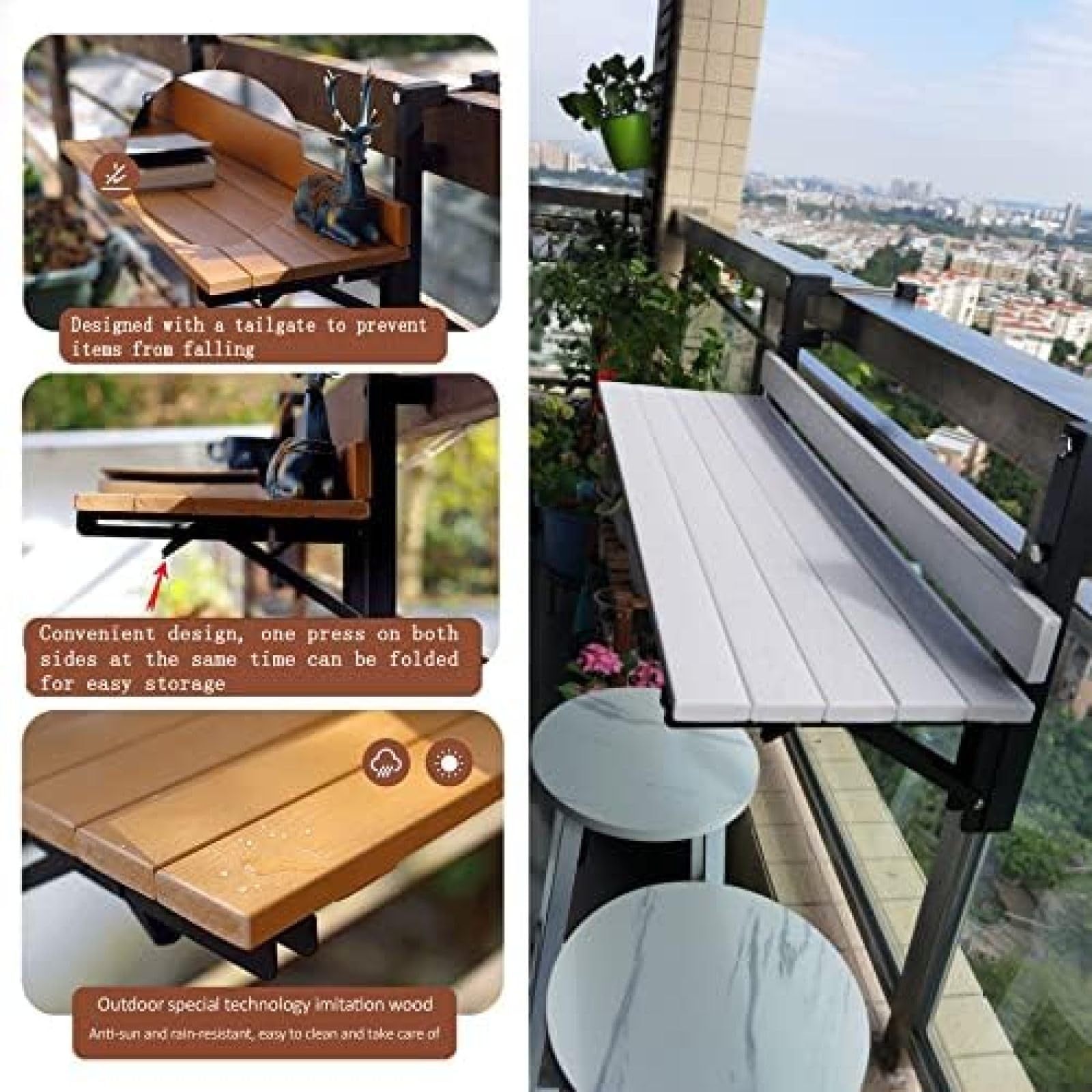 Balkonowy Stolik Barowy Na Balustrady, 80*26cm/31,4*10,2 Cala, Drążek Balkonowy, Stół Balkonowy Wiszący, Składany Stolik Na Zewnątrz, Wiszące Stoły Relingowe Na Pokład, Stoliki Boczne Montowane Na