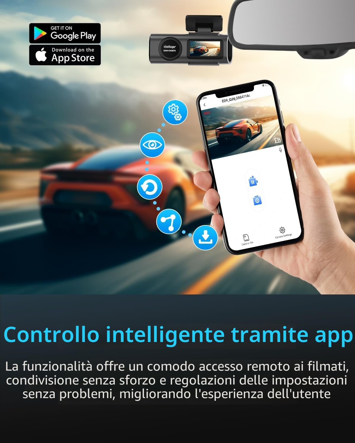 Telecamera WiFi per auto anteriore posteriore, 4K + 1080P per auto, controllo app con scheda SD da 64 G, visione notturna, sensore G, registrazione loop, WDR (Pollici, 1.47)
