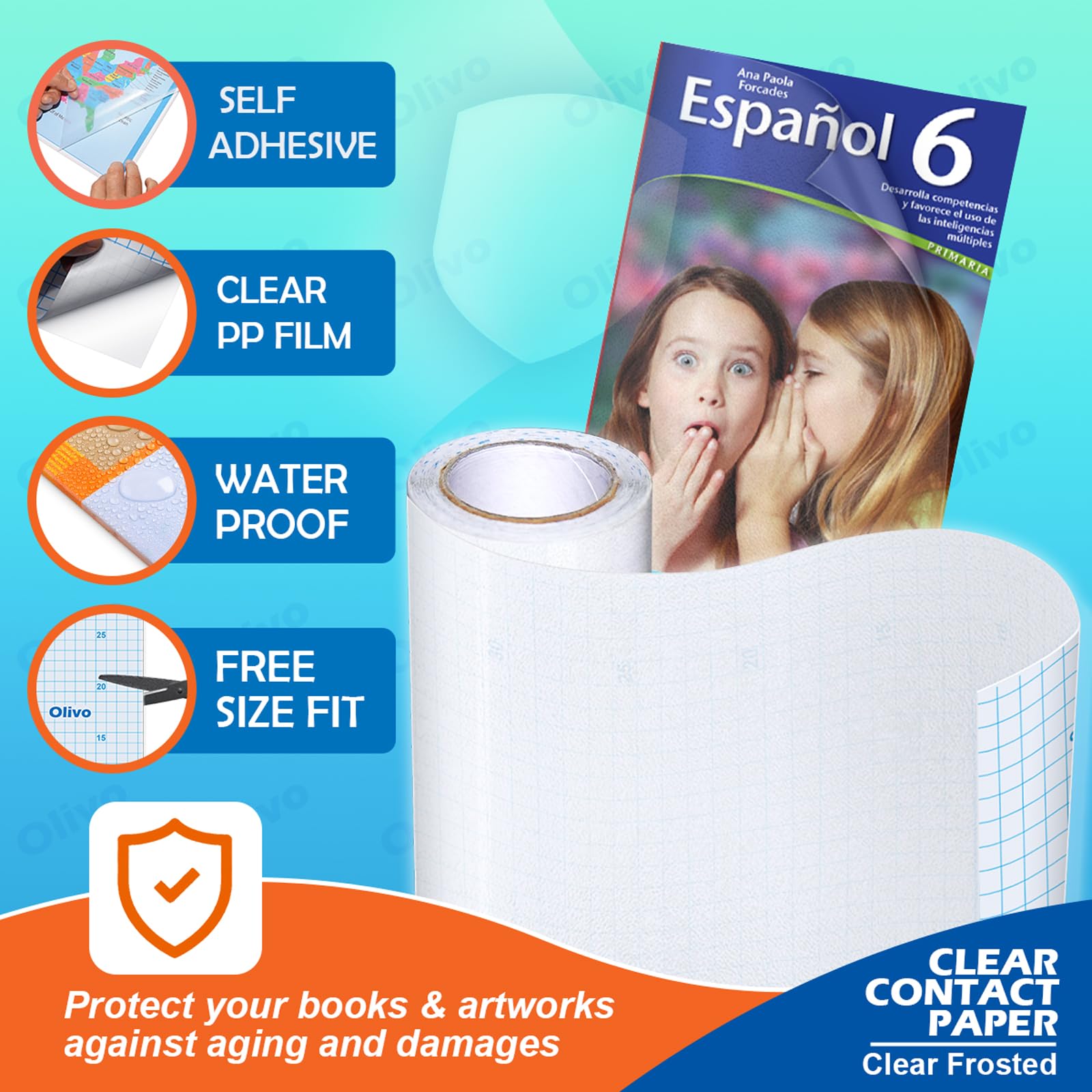 Rouleau de papier contact transparent pour livres, travaux manuels, film de protection en plastique transparent, 44,5 cm x 3 m (transparent givré)