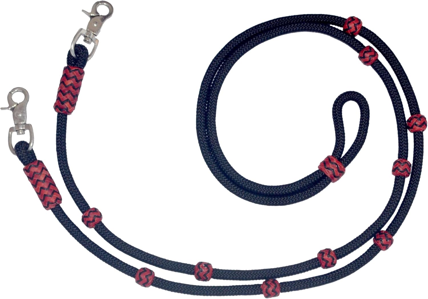 Hand-Braided Roping Reins with Red Colored Knots: Premium Black Nylon- Raw Hide Leather Horse Tack - Expertly Crafted
