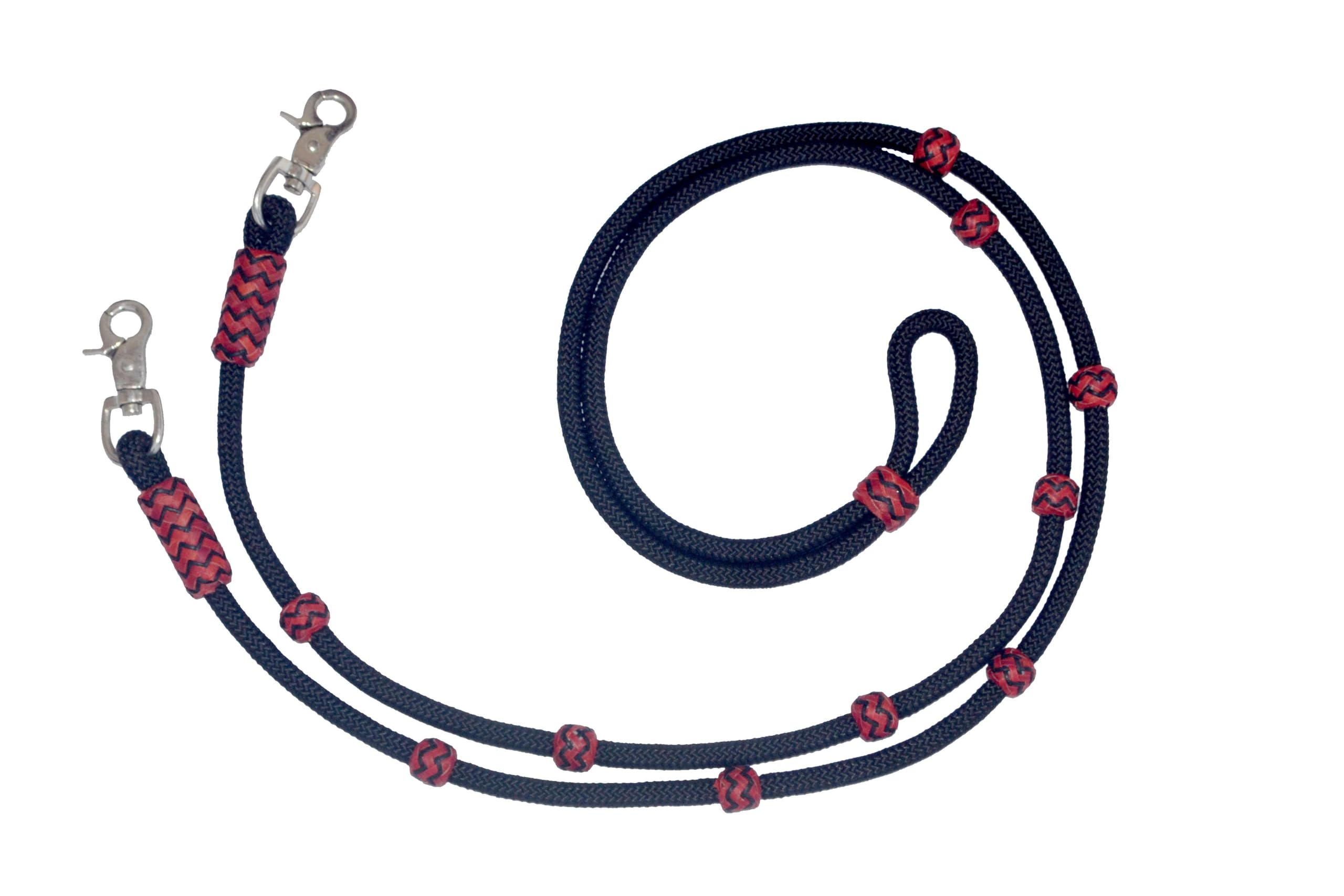 WeavingCraft Hand-Braided Roping Reins with Red Colored Knots: Premium Black Nylon- Raw Hide Leather Horse Tack - Expertly Crafted