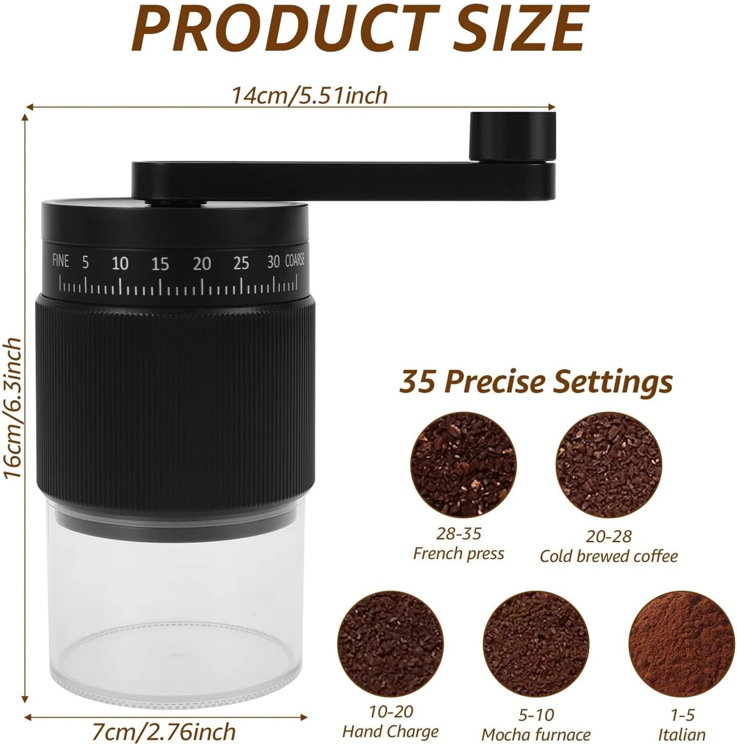 Manual Coffee Grinder Portable Hand Crank Coffee Bean Mill with 35 Adjustable Settings Grinding Machine for Office Home Camping(Black 1pc)