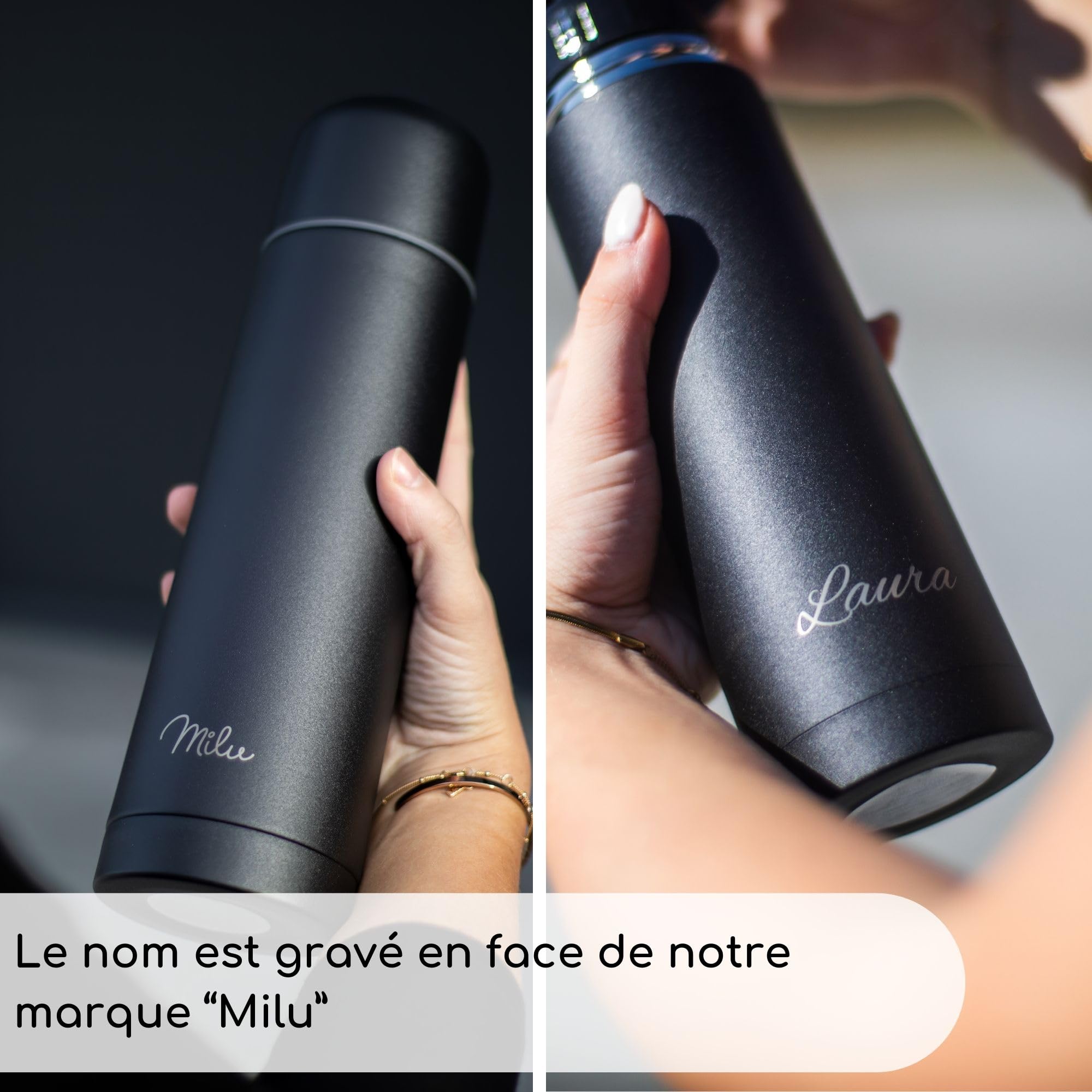 Milu Bouteille isotherme avec gravure 1 l, 750 ml, 500 ml – Idée cadeau personnalisée avec nom de Noël pour hommes, femmes, maman, papa, petite amie, (750 ml + gravure)
