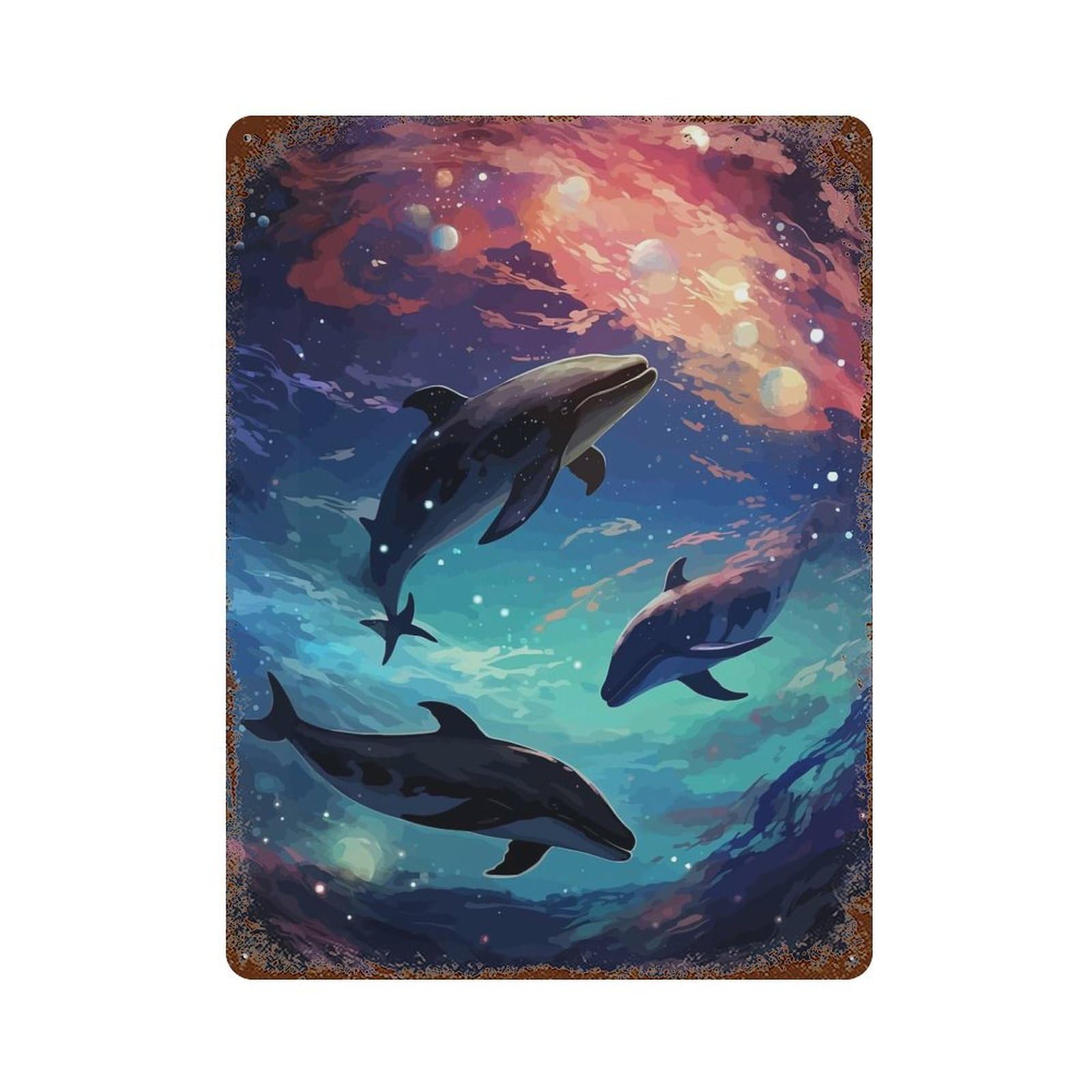 Vintage Rust Metal Sign with School of Space Whale Design 15.7"x11.8", for Farmhouse, Kitchen And Entryway Decor, Novelty Wall Decor