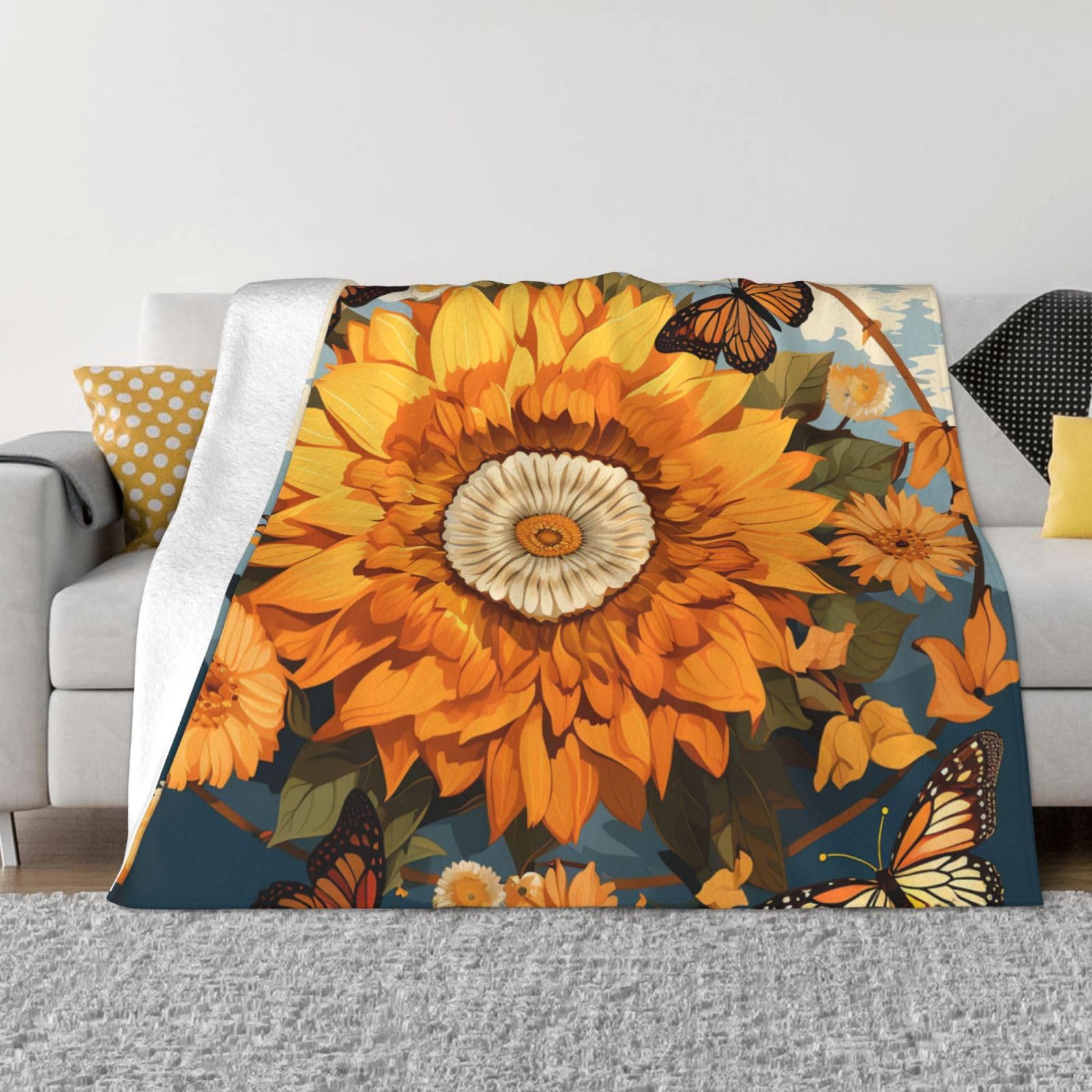 Couverture polaire ultra douce et légère motif tournesol