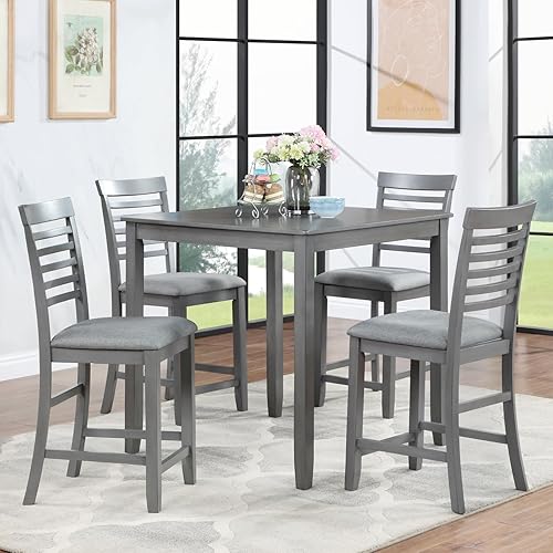 LUMISOL 5-Piece Solid Wood Dining Table Set for 4, Farmhouse Counter Height Kitchen Table Set for Kitchen, Dining Room, Home Bar, Grey