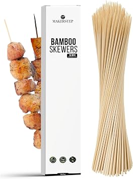 Makerstep Natural Bamboo Skewers for BBQ. Appetizer, Kebab, Fruit, Cocktail for Drinks. Thick and Sturdy. More Size Available 6"/8"/10"/12"/14"/16" 100 Pack 16 Inch