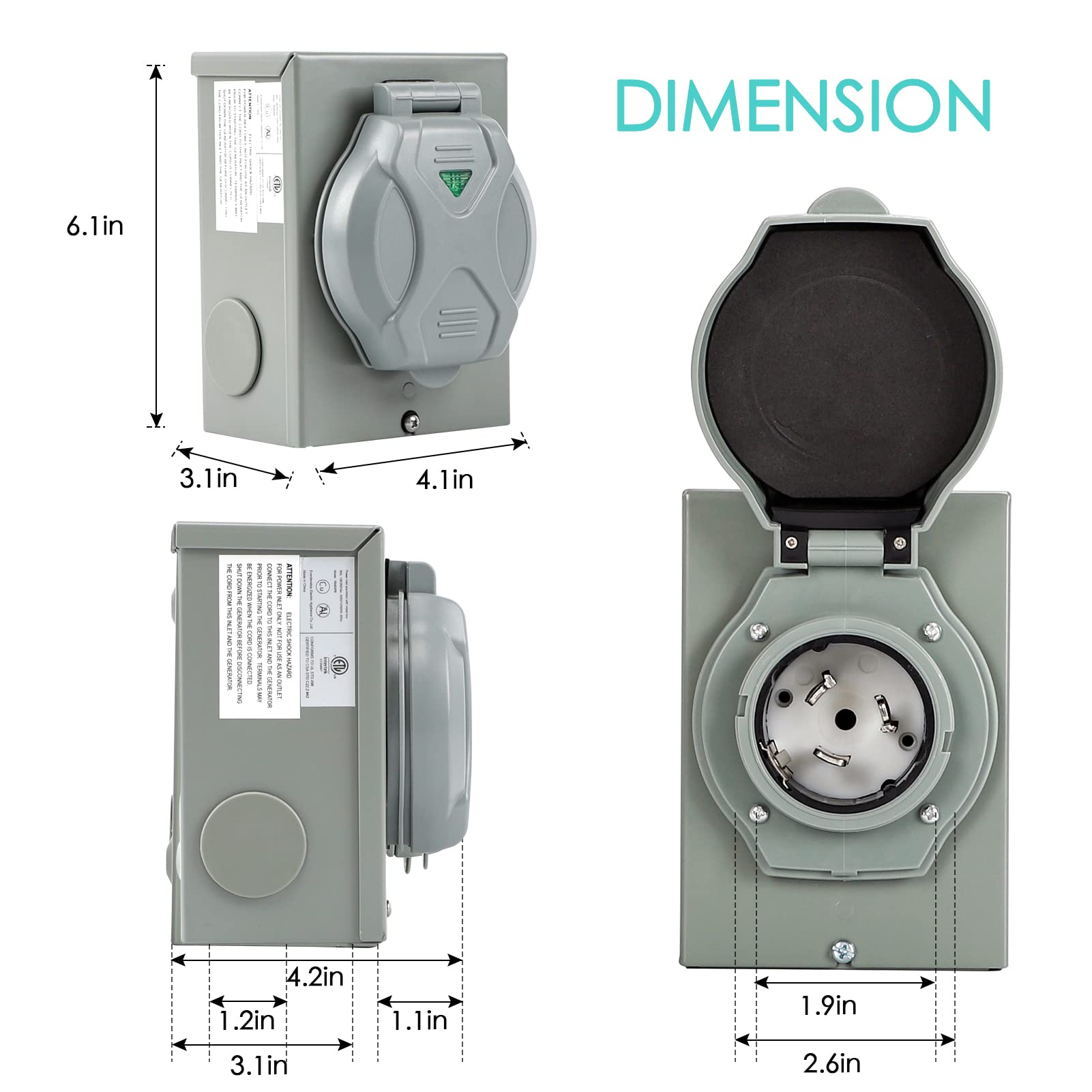 Caja de entrada para generador de 50 amperios, conector NEMA 3R, SS2-50P Power RV interior/exterior, interruptor de transferencia impermeable, enchufe de entrada de 3 dientes, 125/250 V, hasta