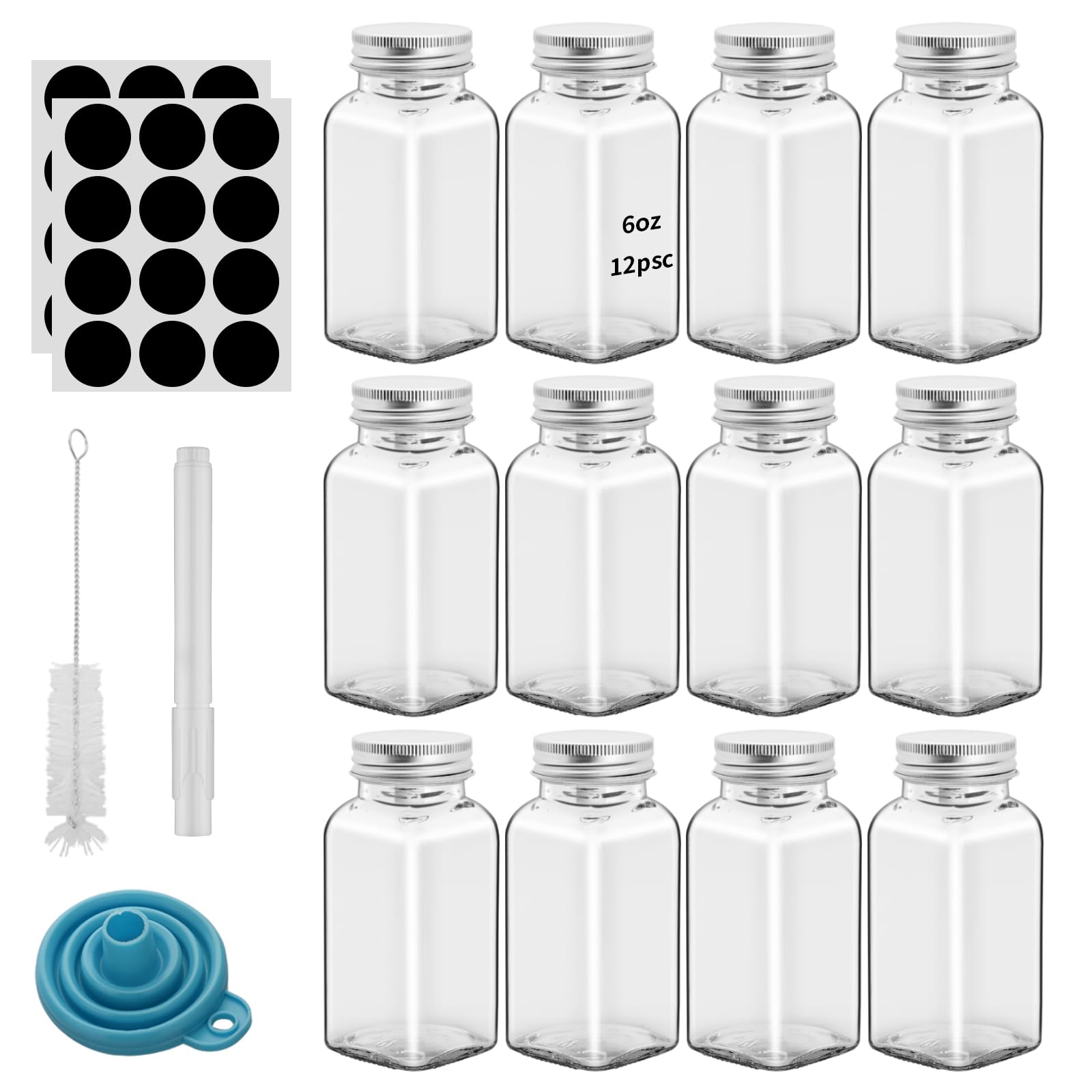 eispap 6Pcs 6oz Glass Spice Jars silver iron Lids with Shaker Lids, Spice Jars Trial Set & Supplement Set, Empty Spice Containers and Square Spice