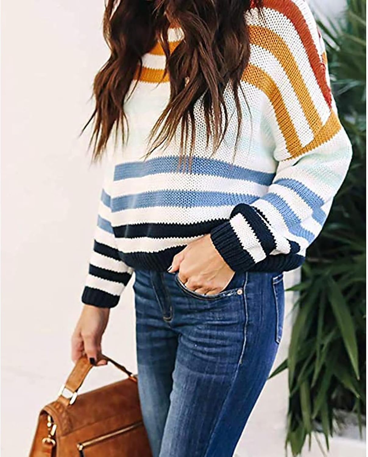 Women's Fall Sweater Long Sleeve Crew Neck Jumpers Striped Color Block Casual Loose Knitted Pullover Tops Streetwear