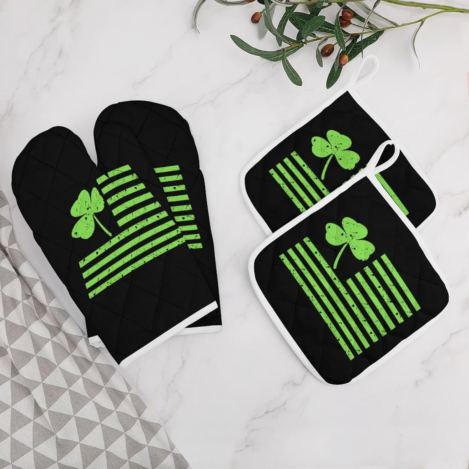 Shamrock Flag Oven Mitts and Pot Holders 4Pcs Set Heat Resistant Cooking Mitts Hot Pads