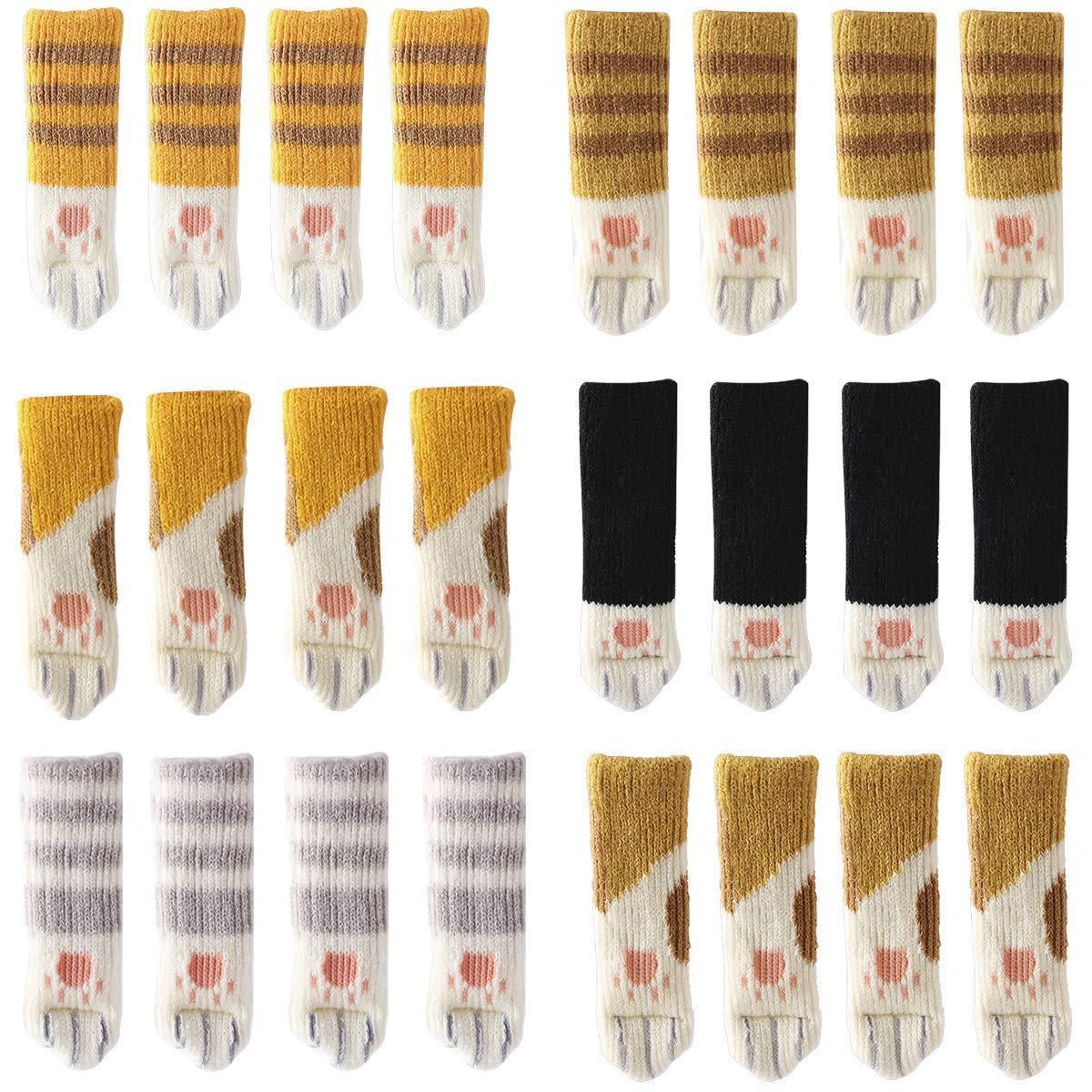 24PCS Chaussettes de Chaise tricoté avec Chat Mignon Pattes Design 6 Motifs Meubles Jambe Caps Anti Scratch Anti-Bruit Chaise Ja