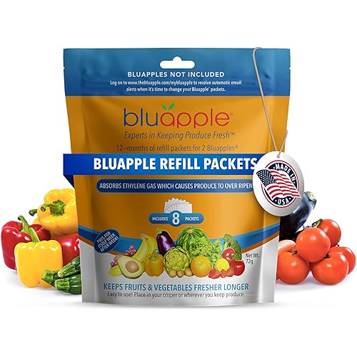 Bluapple Produce Saver Ethylene Gas Absorber One Year Refill Kit - Keeps Produce Fresher Longer In A Refrigerator Or Fruit Bowl - Contains Eight Packets For Two Freshness Saver Balls