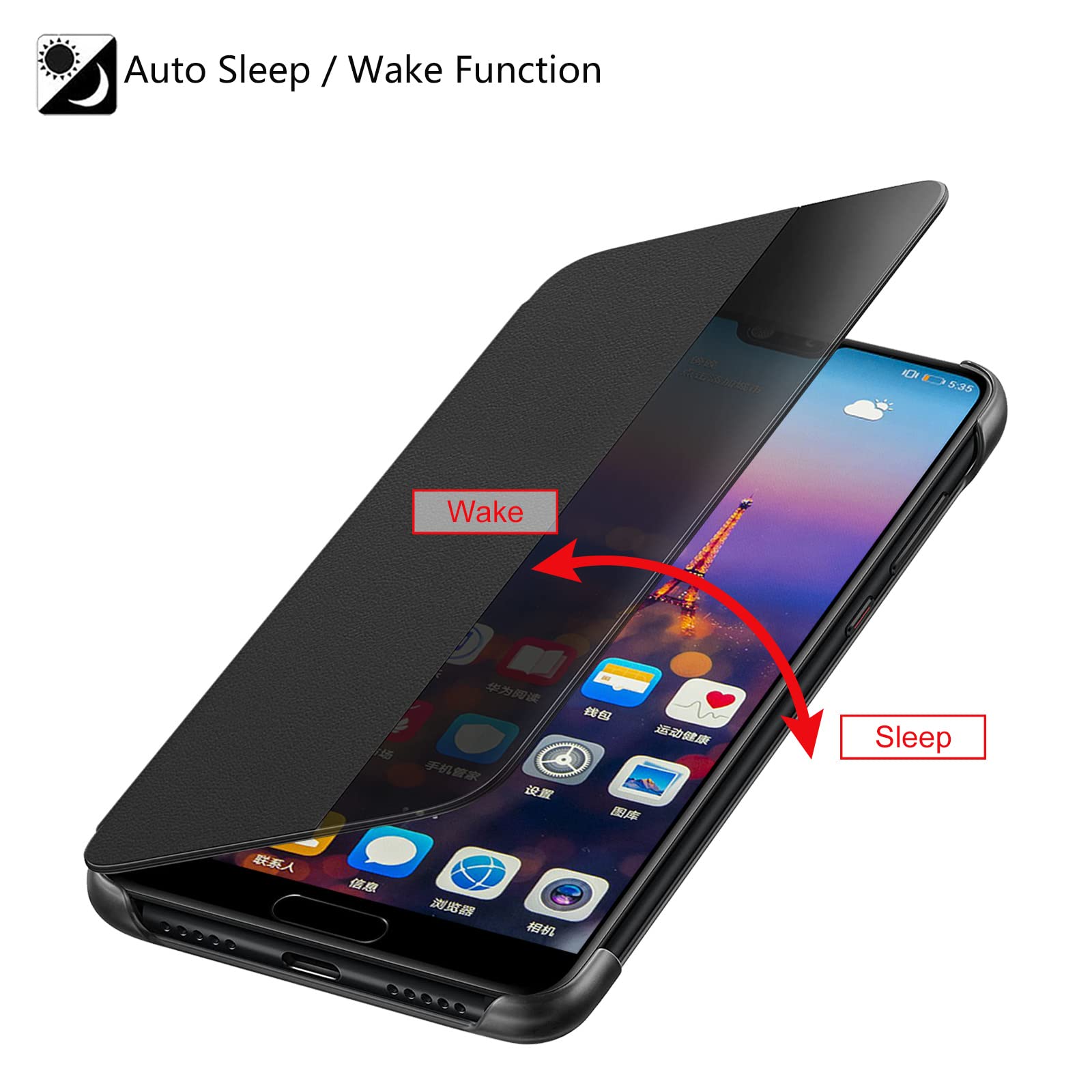 Huawei P30 Leder Flip Cover – PU-Lederhülle Mit Smart View Fenster & Automatik-Funktion