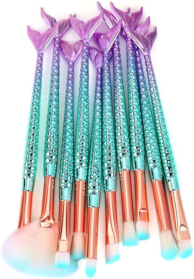 Pongfunsy Makeup Brushes 11PCS Make Up Foundation Eyebrow Eyeliner Blush Cosmetic Concealer Brushes(Mermaid Colorful)