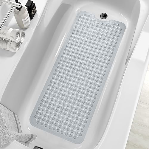 Miniatura 1 de MOONFLY Tapete para ducha y bañera, 40 x 16 pulgadas, extra largo, antideslizante, con ventosas y agujeros de drenaje, lavable a máquina y