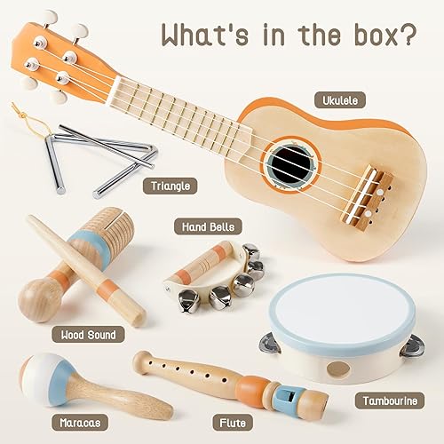 Miniatura 3 de Juego de guitarra para niños, instrumentos musicales 7 en 1 para niños pequeños de 2 a 4 años, juguetes musicales de madera para niños y niñas de 2,
