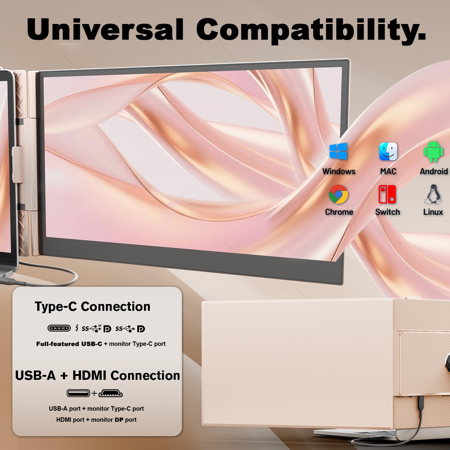 Teamgee 14.1" Monitor portatile color oro rosa - Schermo esterno ultra sottile 1080P per laptop con supporto di alta qualità. Compatibile con laptop13”-17" Mac/Wins/DeX, 0,6 kg (Dual 14.1")