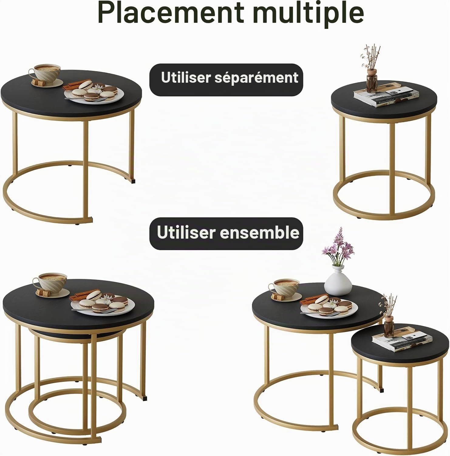 Huhote Lot de 2 tables basses rondes, tables d'appoint, tables gigognes, tables d'appoint avec cadre en métal pour salon, chambre, balcon, bureau, appartement, diamètre 60 cm (cadre doré, dessus noir)