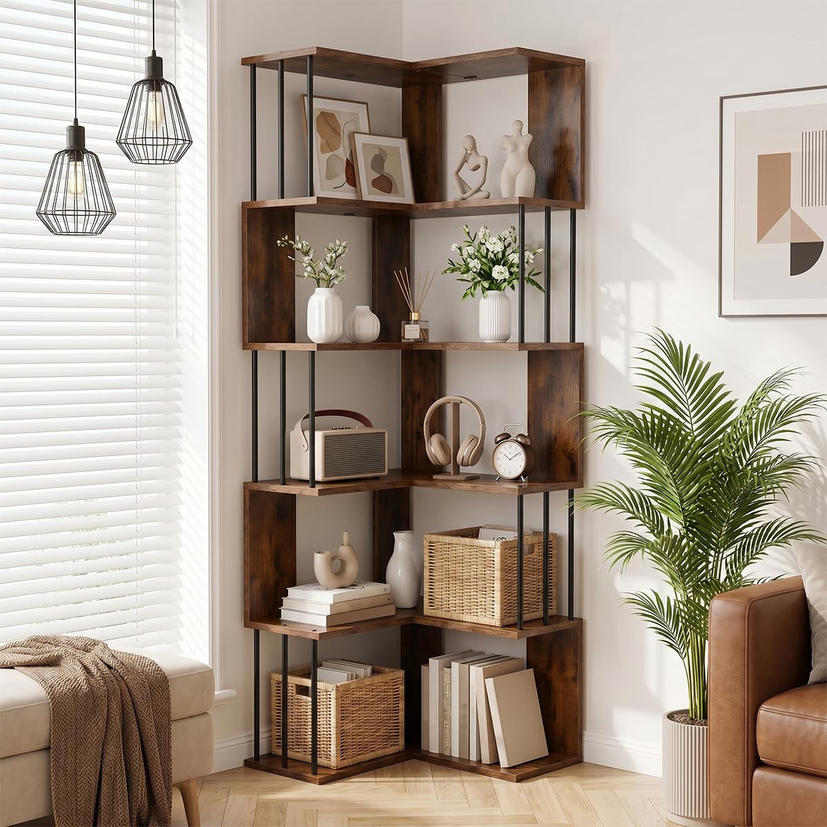 EGGREE Estantería Esquina L 5 estantes 160x54x54cm | Tableros MDF y estructura metálica negra, librería abierta para salón oficina dormitorio, vintage marrón