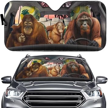 Gorilla Family Car Front Windshield Foldable Car Sun Shade Cover, Gorilla Dring Auto Sunshade Sun Visor Protector, Forest Animals Car Interior Accessories 57" x 27.5"