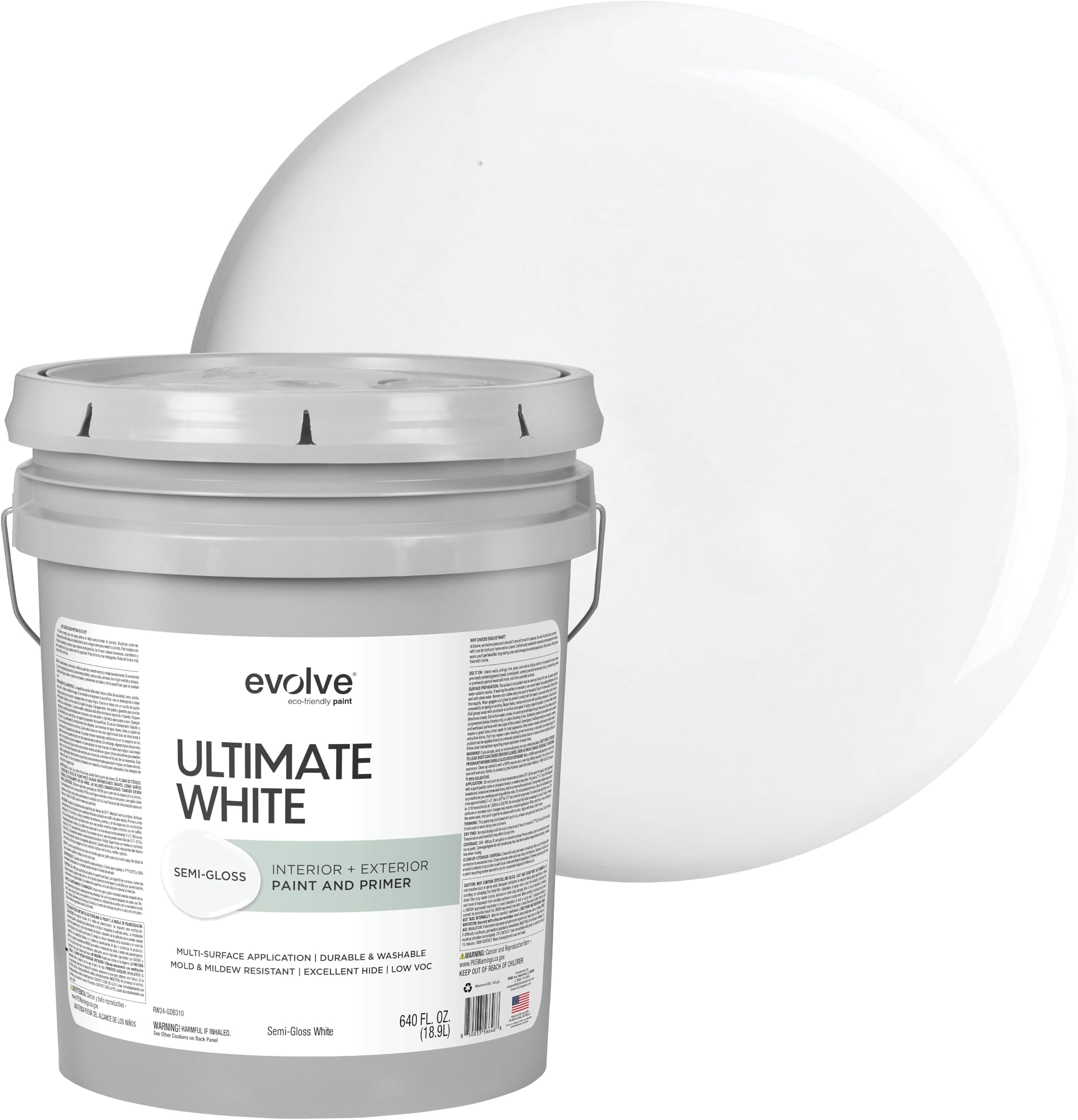 Ultimate White Paint & Primer in One, Semi-Gloss White, 5 Gallon – Interior & Exterior, One-Coat Coverage, Excellent Hide, Low Odor, Low VOC, Washable Paint for Walls, Ceilings & Trim