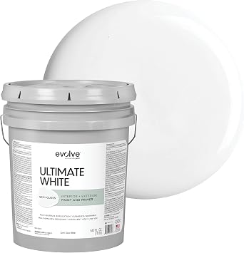 EVOLVE Ultimate White Paint & Primer in One, Semi-Gloss White, 5 Gallon Interior & Exterior, One-Coat Coverage, Excellent Hide, Low Odor, Low VOC, Washable Paint for Walls, Ceilings & Trim