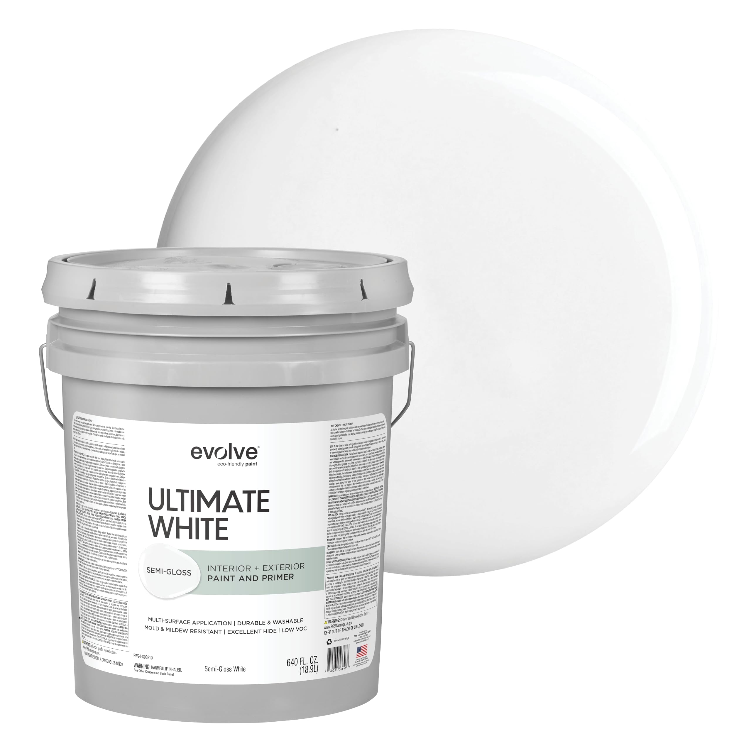 Ultimate White Paint & Primer in One, Semi-Gloss White, 5 Gallon – Interior & Exterior, One-Coat Coverage, Excellent Hide, Low Odor, Low VOC, Washable Paint for Walls, Ceilings & Trim