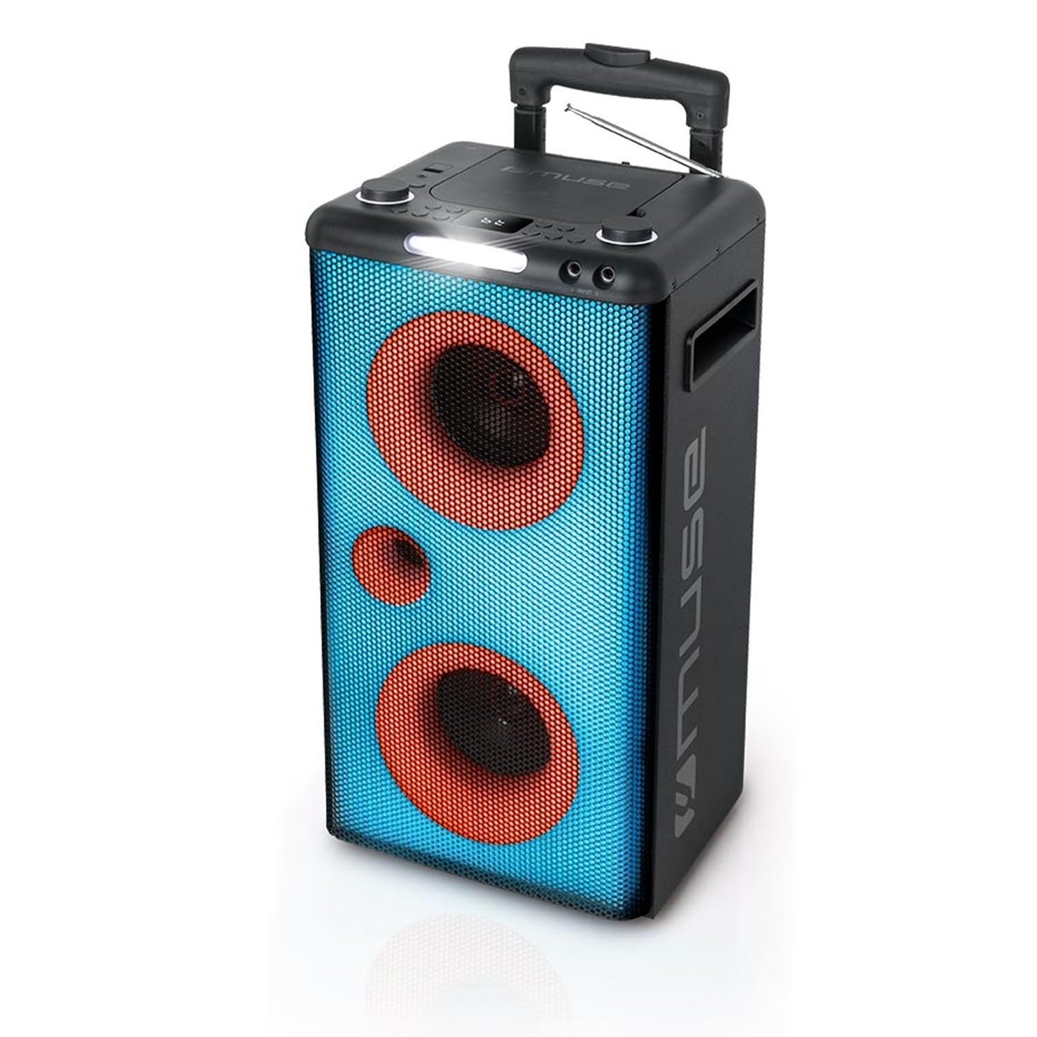 MUSE M-1928 DJ Trolley-Soundanlage, Komplett Beleuchtet mit Display, CD-Player und Radio, Akkubetrieben, mit Party-Licht-Effekten, Mobile Musikbox, Bluetooth Lautsprecher mit Mikrofon