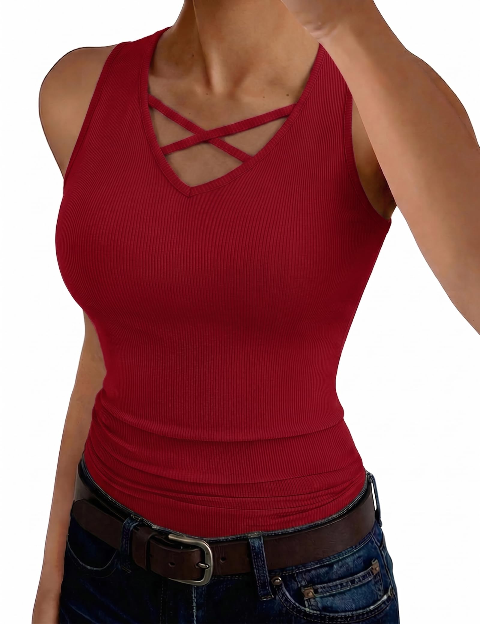 Aottori Tank Top Damen V-Ausschnitt Ärmellos Slim Fit Sommer Gerippt | Gerippte Oberfläche; passt zu Jeans, Röcken oder Shorts; für Alltag, Büro, Urlaub und Freizeit geeignet; Slim-Fit-Passform