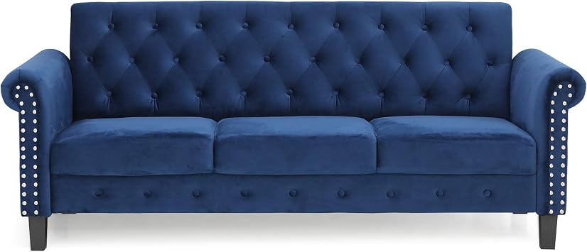 Furinno Bastia Vintage Modern Chesterfield Button Tufted 3-Seater Sofa Couch for Living Room, Navy Velvet