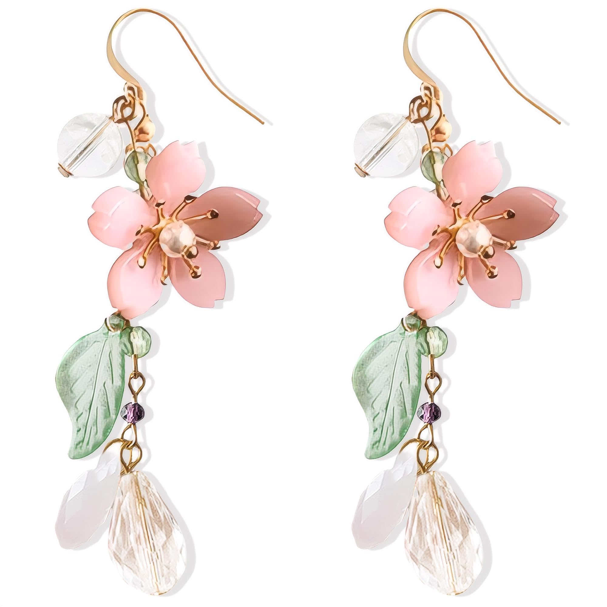 Pink Flower Pearl Drop Earrings for Women - Cute White Tassel Dangle Sakura Leaf Cherry Blossom Floral Jewelry - Spring Summer Fairy Style Gifts, Sterling Silver