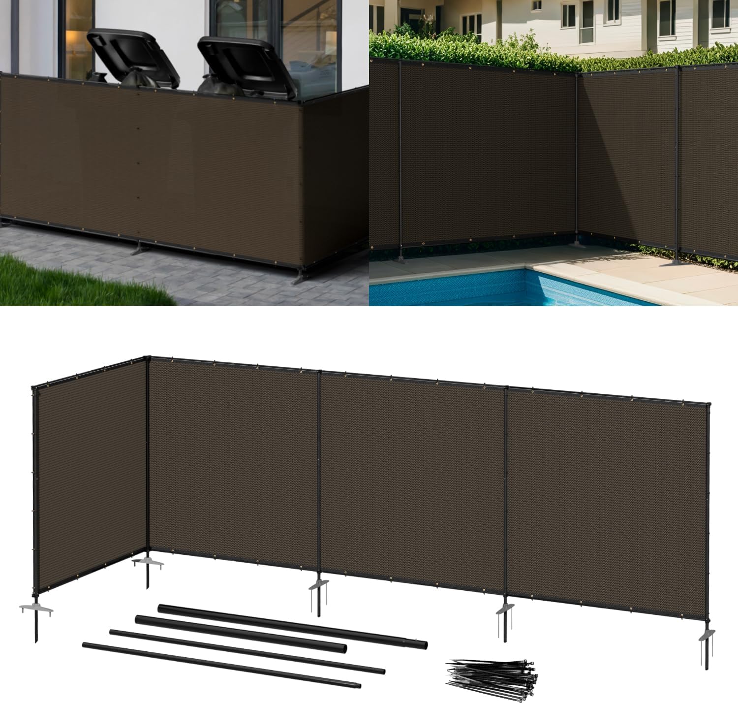6' x 24' Brown Outdoor Privacy Screen Freestanding 240 GSM Privacy Fence Panels for Outside, Pool Fences with Poles, Backyard Temporary Fencing, Privacy Wall Ground Pole Fence