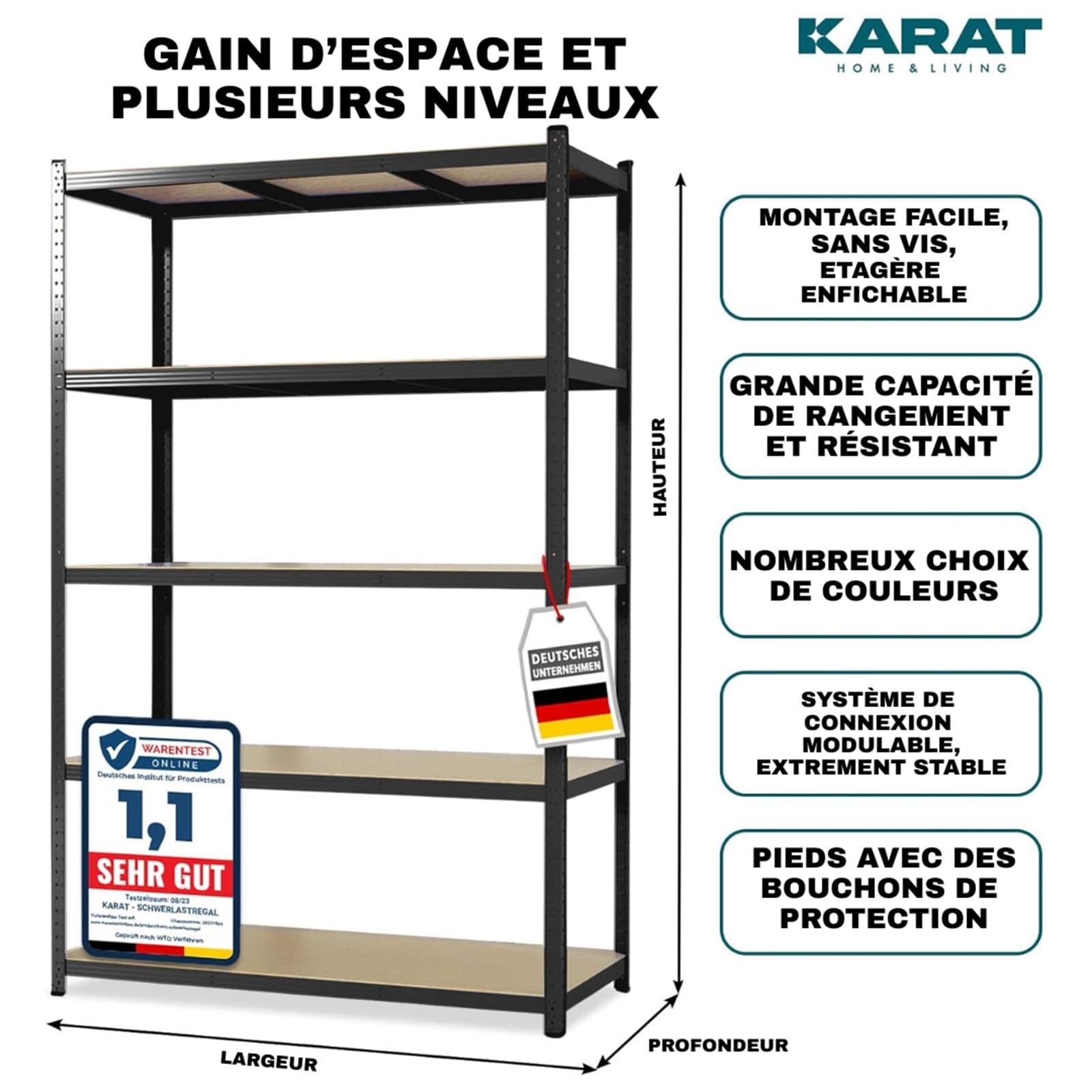 KARAT – Lot de 2 étagères Robustes Lakota pour Charges Lourdes – Étagères enfichables avec 5 tablettes réglables – Rayonnages en métal Idéal pour Cave ou Garage – Noir, 180 x 90 x 40 cm