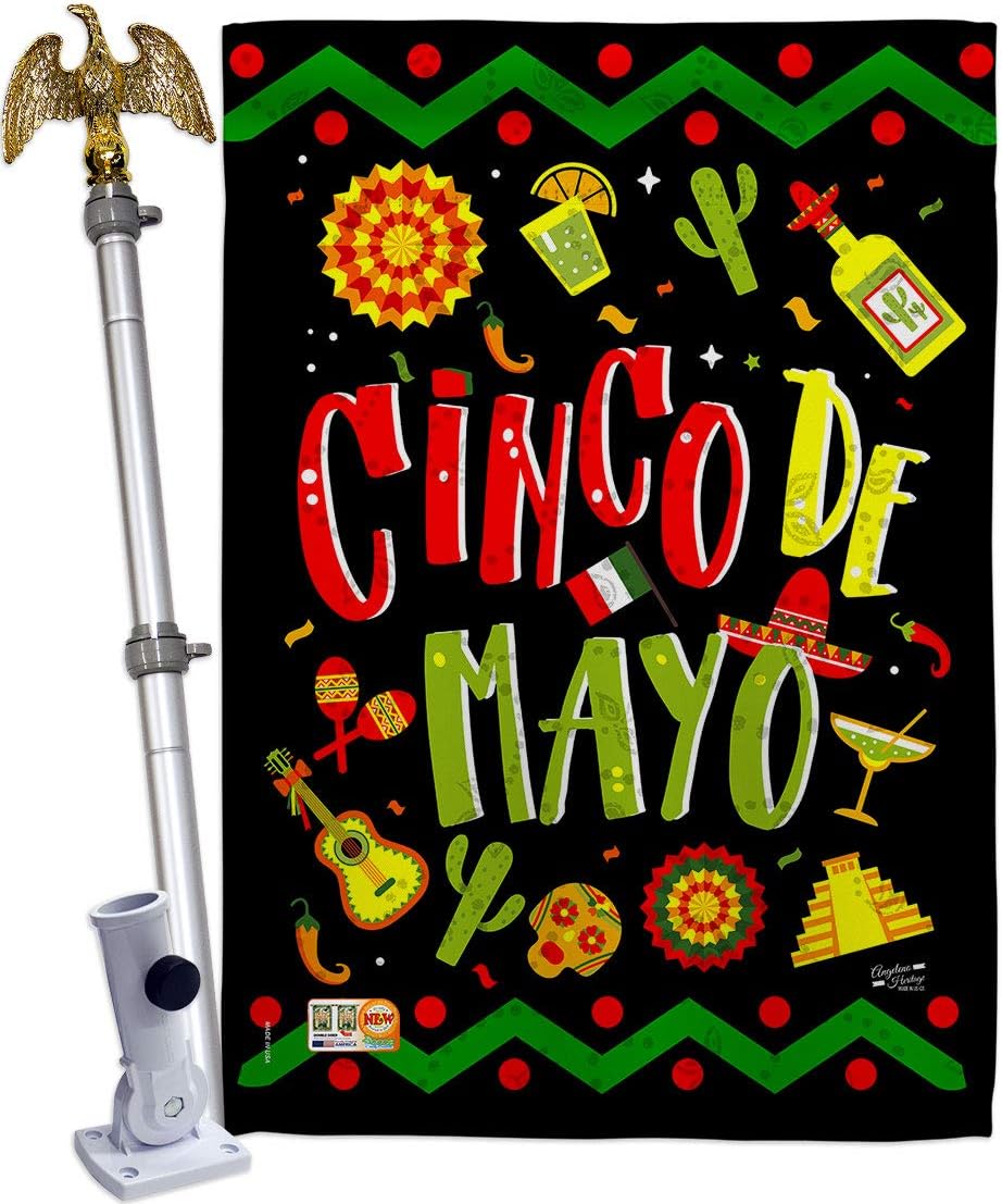 Ready to Cinco de Mayo House Flag Dowel Set Summertime Party Cactus Pinata Sombrero Mexican Fiesta Outdoor Small Decorative Gift Yard Banner Made In USA 28 X 40