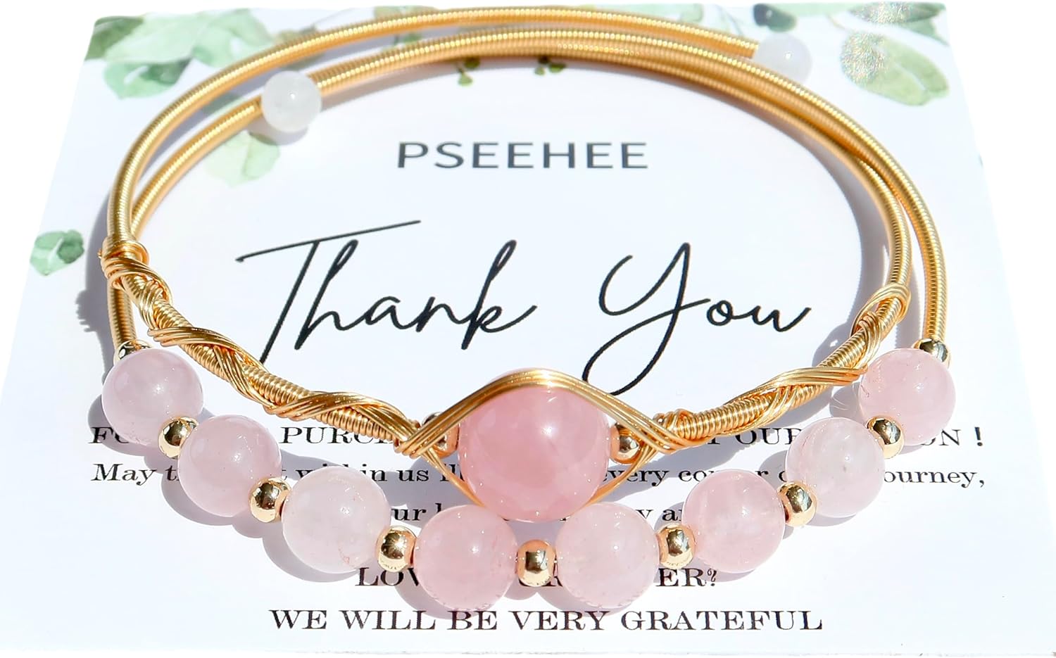 Handmade Genuine Rose Quartz Beads Double Layered 14k Gold Filled Wire Wrapped Bracelet, Birthstone Chakra Healing Gemstone Crystal Adjustable Bangle Cuff Jewelry Gift for Women