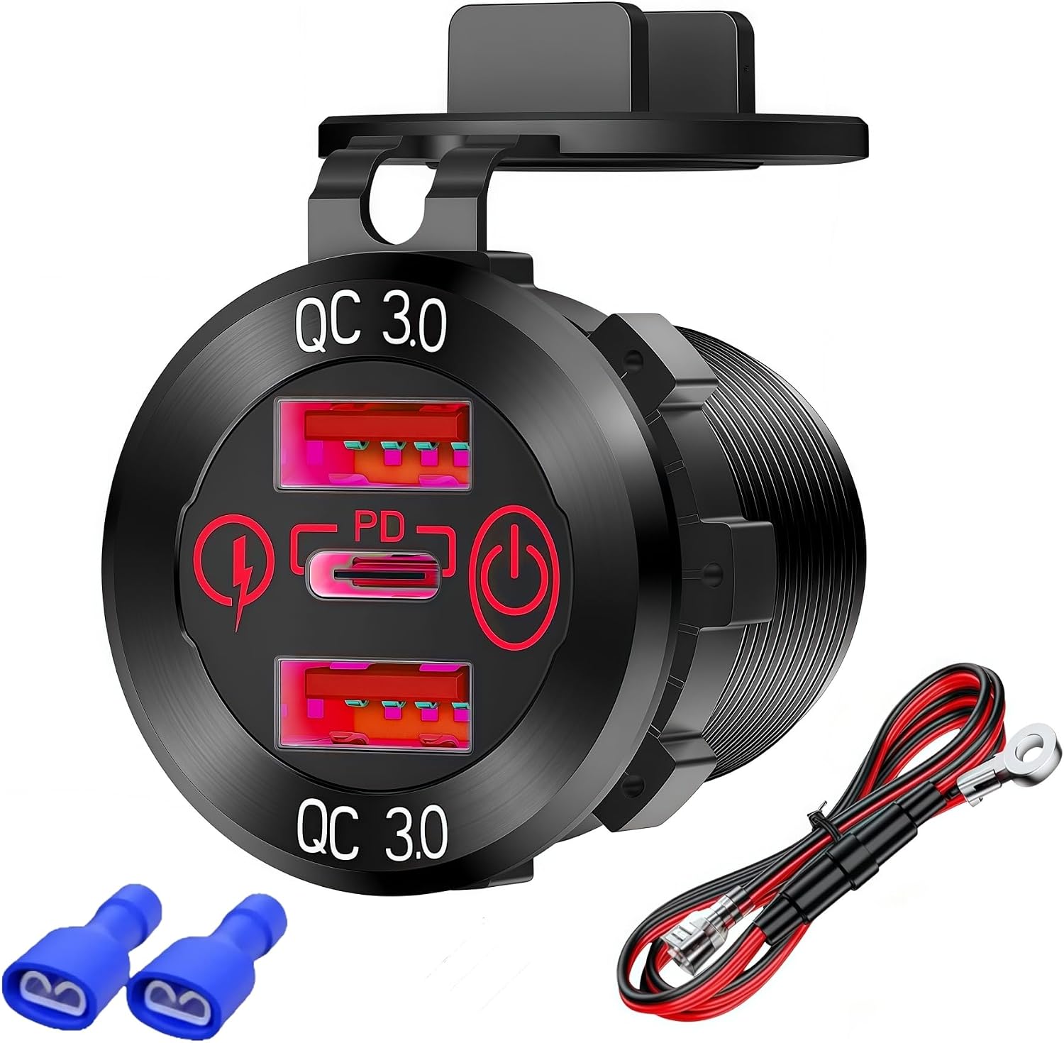Panel Mount PD USB Car Charger Socket with Fuse Wiring, 65W Lighted Type-C Adapter with ON/OFF Button, Motorcycle 3 Ports QC3.0 USB C Fast Charger 12V Power Outlet for Car Truck RV Marine Boat (Red)