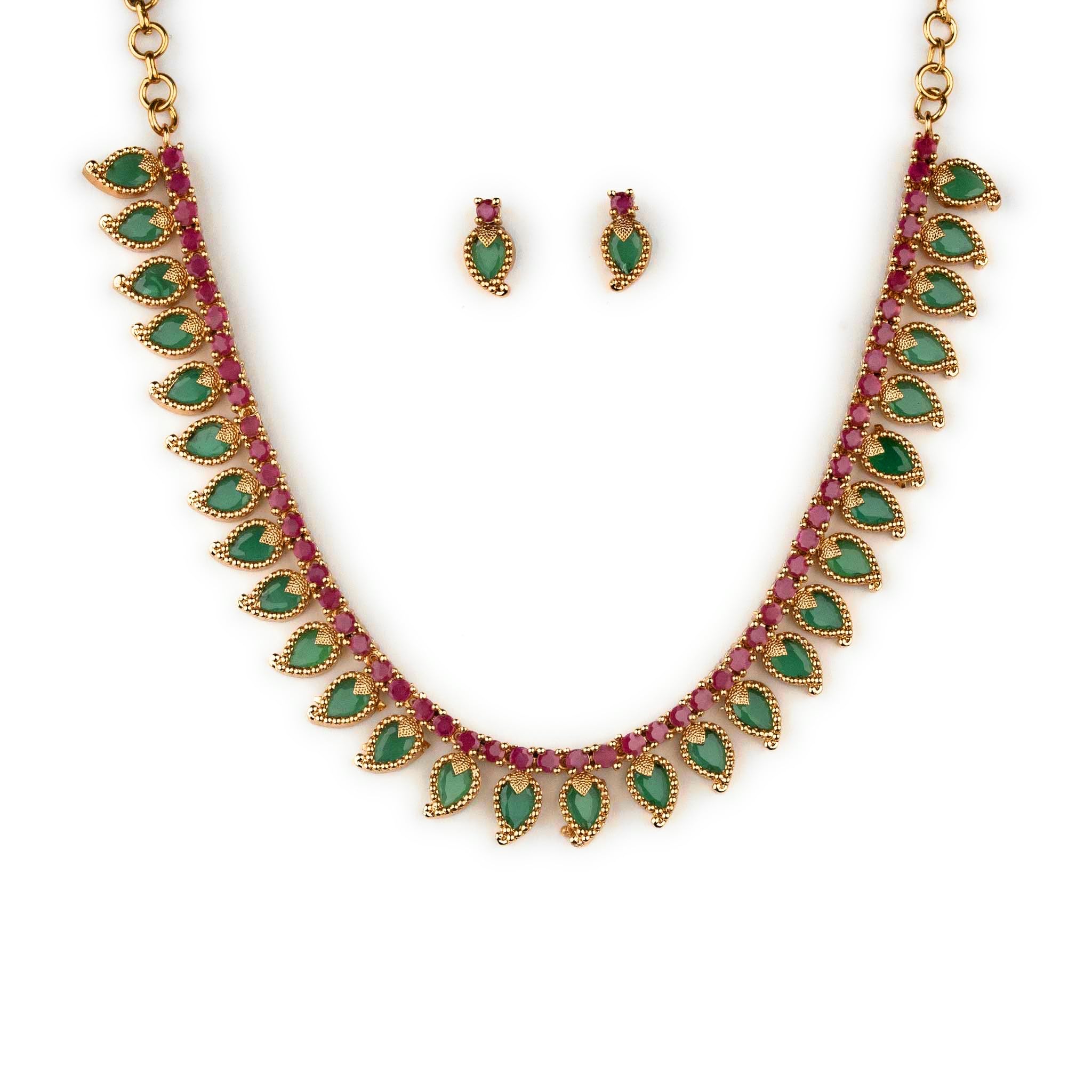 Traditional Matte Gold Plated Palakka Mango AD Stone Short & Long Necklace Jewellery Set-image-18