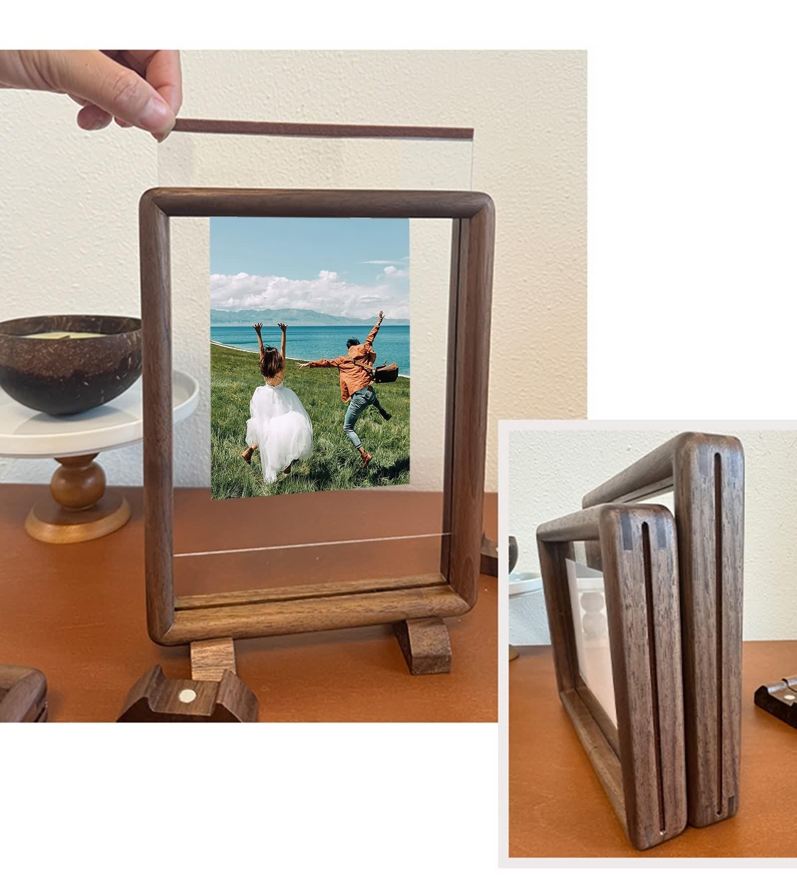Fotorahmen 10X15, Picture Frame Nussbaum Rechteck Holz Acryl Horizontal/Vertikal für Tischplatte
