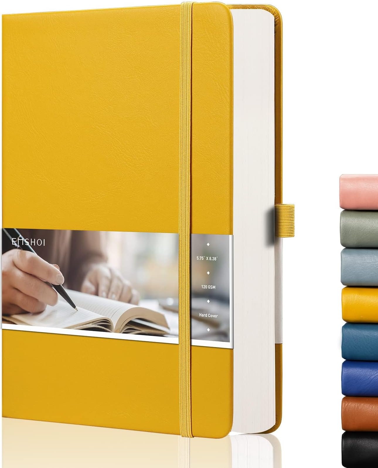 EMSHOI A5 Notebook Dotted Journal - 21.4 x 14.5 cm, 256 Pages, 120gsm Thick Paper, Pen Holder, Back Pocket, Hardback Faux Leather Notepad for Women Men Bullet Journaling - Yellow