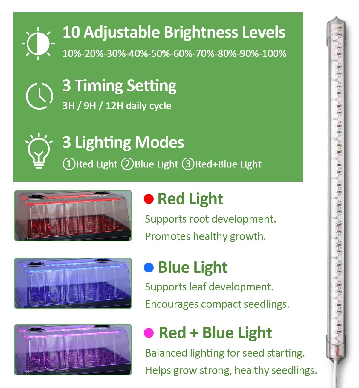 1020 Plateau de semences avec lampes de croissance – Lot de 4 dômes d'humidité extra élevée de 16 cm et plateau de propagation robuste, lot de 8 96 DEL à spectre complet intégrées avec minuteur/5